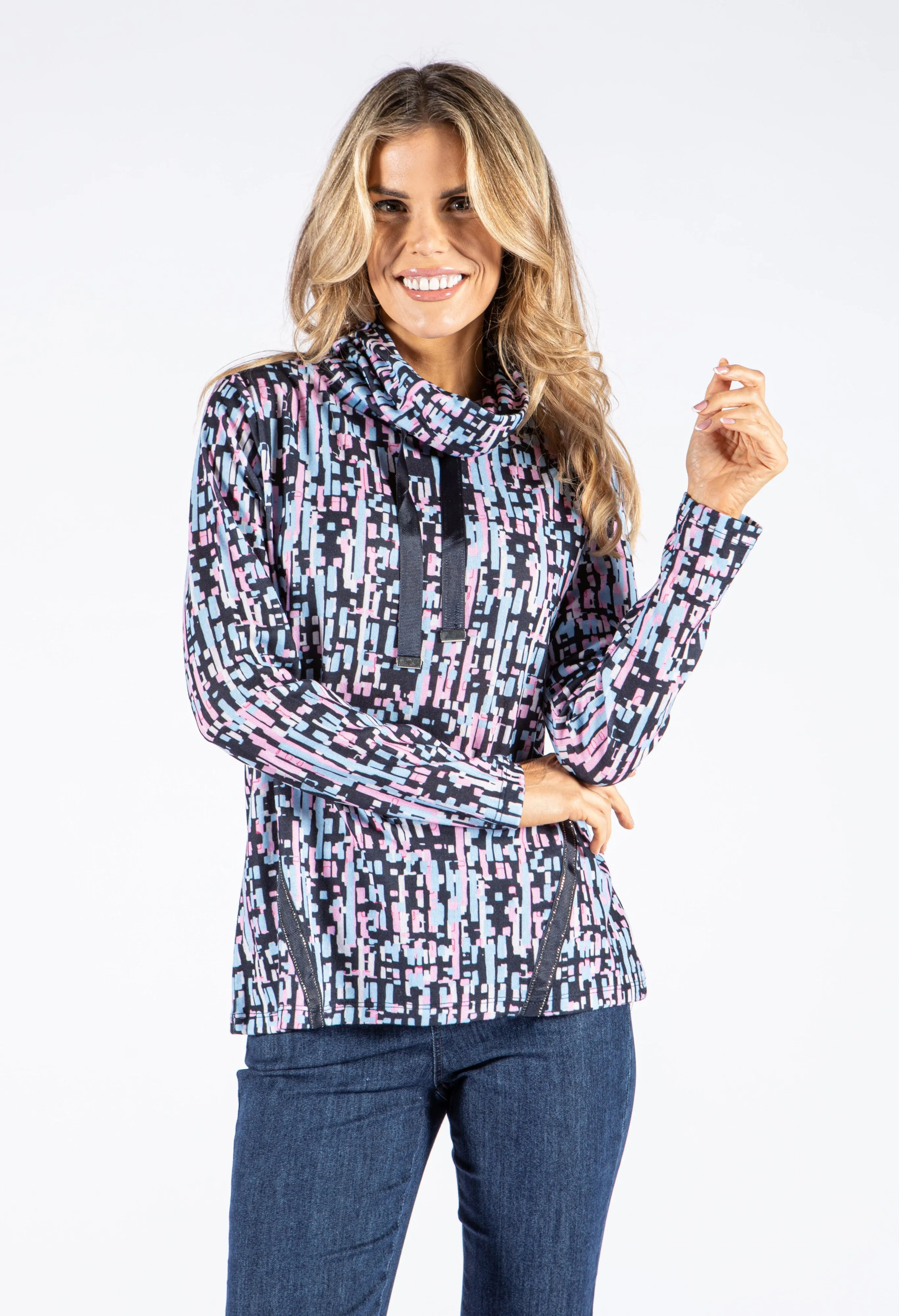 Abstract Print Roll Neck Pullover