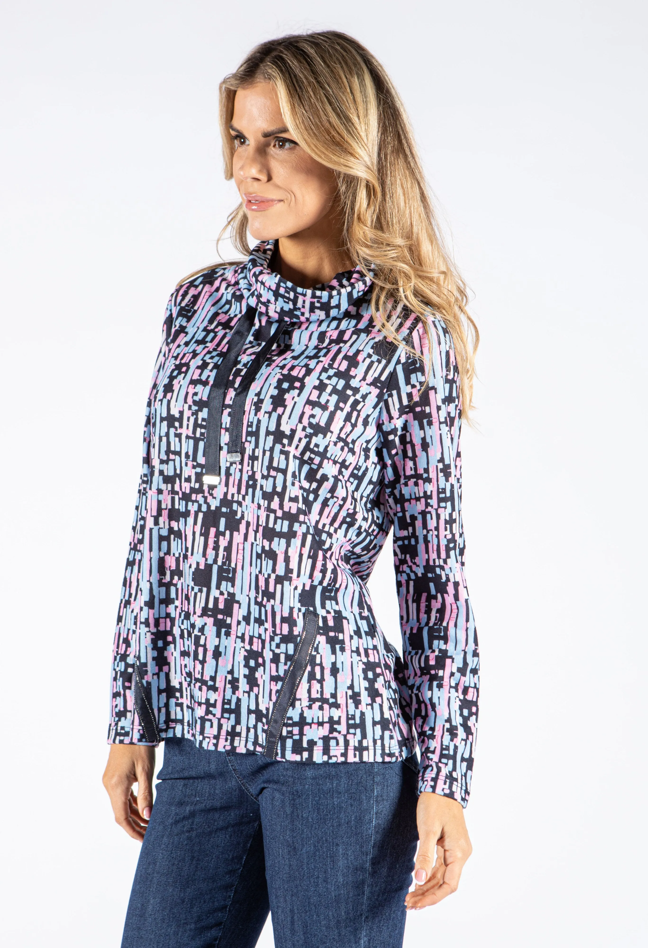 Abstract Print Roll Neck Pullover