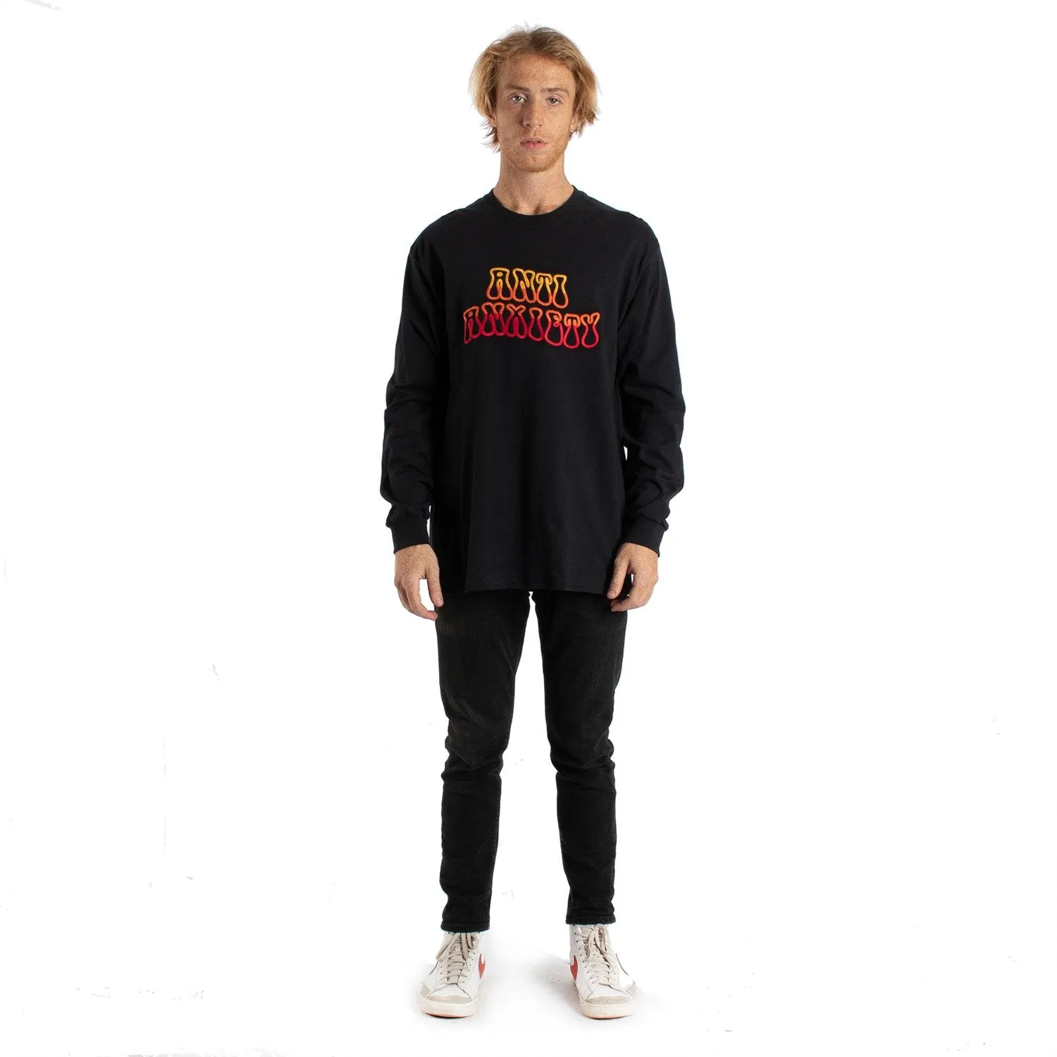 Anti Anxiety Embroidered Long Sleeve mens black graphic tee