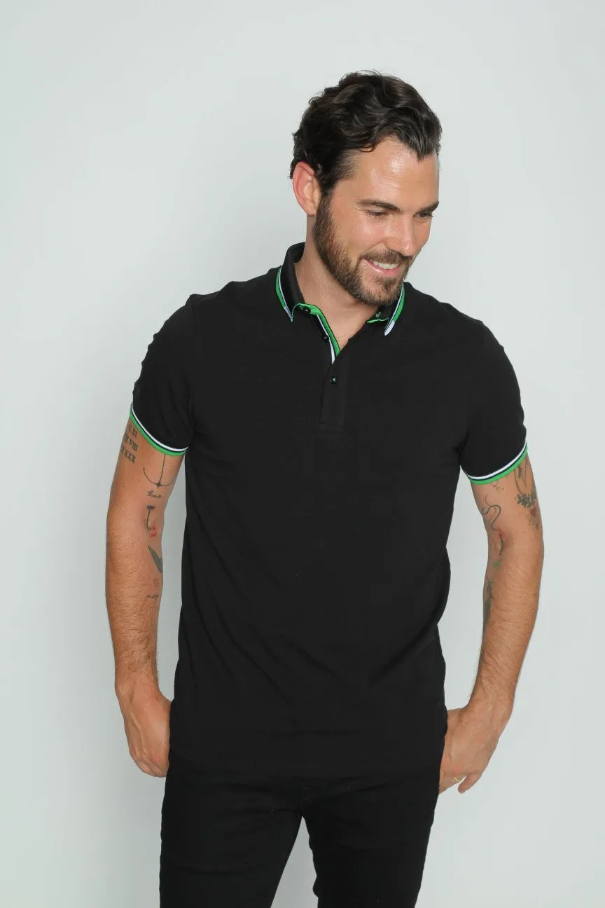 Black Polo With White And Green Trim