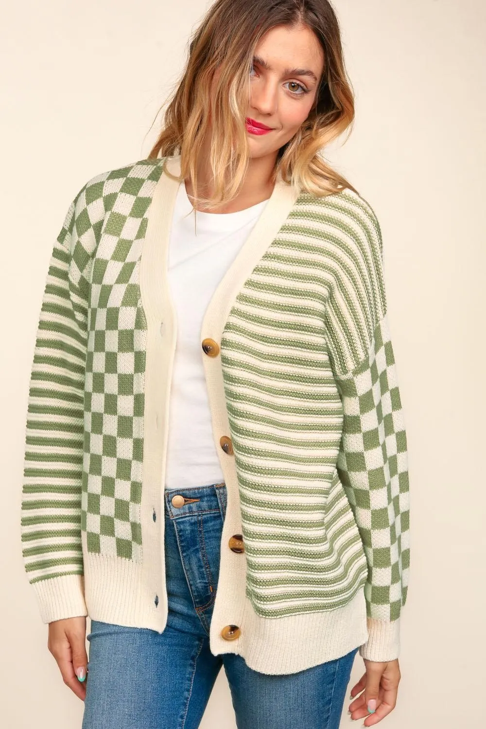 Button Down Checker Stripe Sweater Cardigan