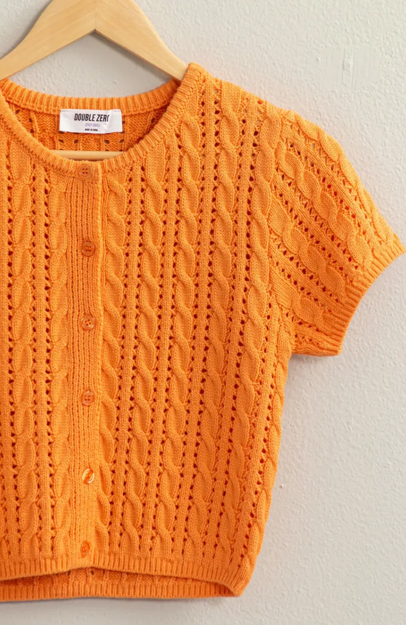 Cable Knit Short Sleeve Cardigan - Orange