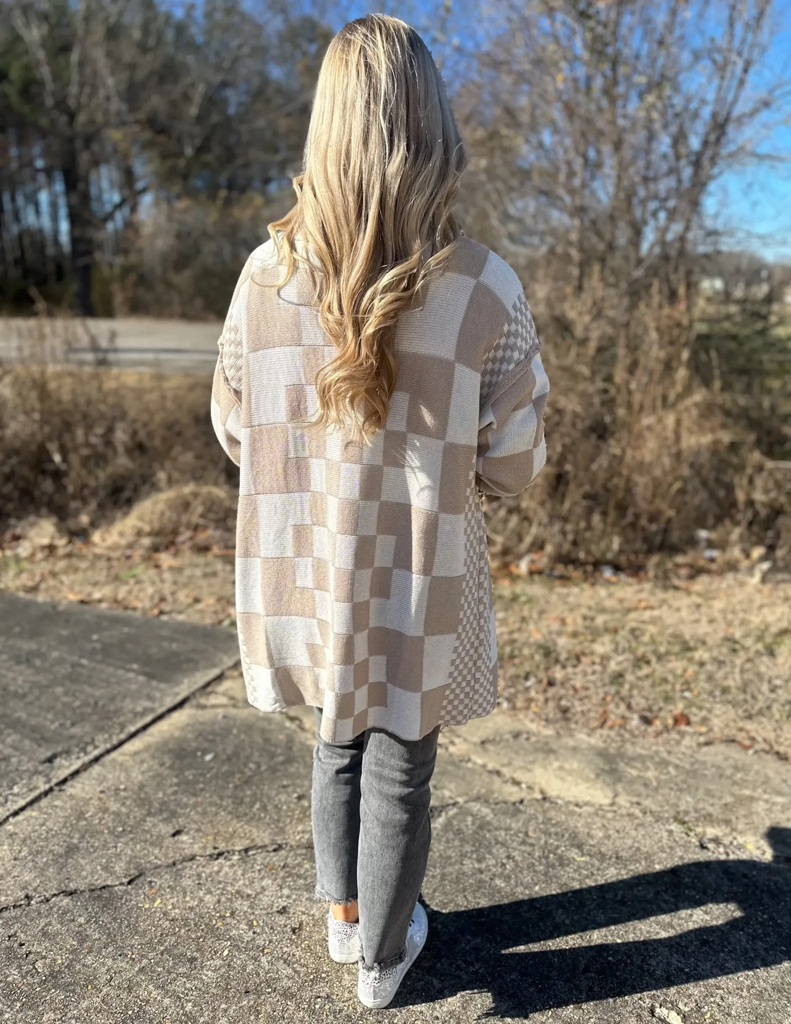 Checkerboard Loose Fit Cardigan Latte