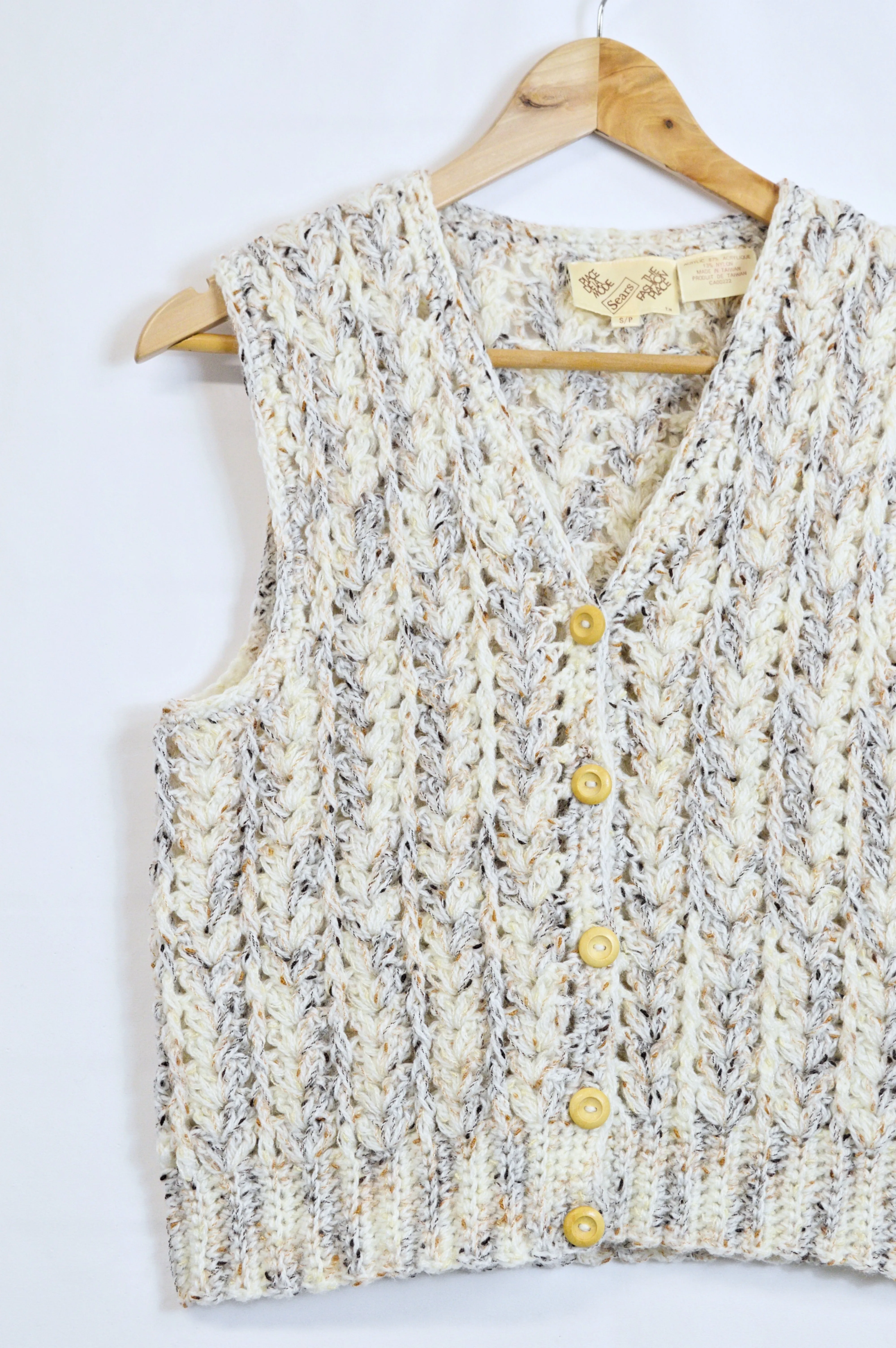 Chunky Knit Beige Sweater Vest with Brown and Dark Grey Marl and Wooden Buttons | S