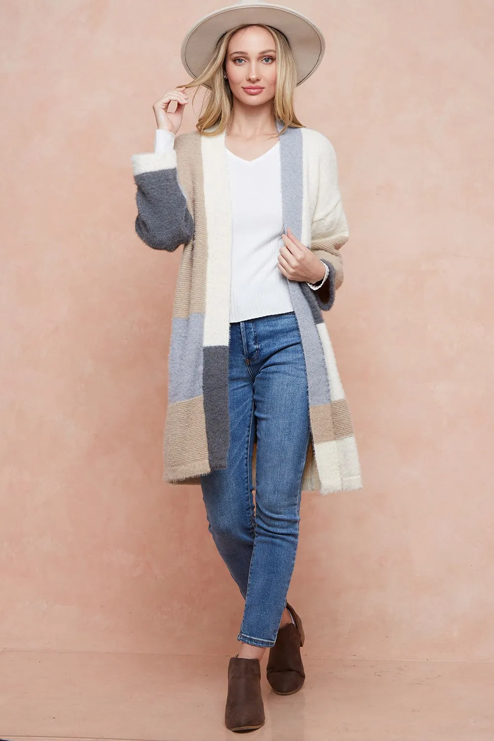 Color Blocked  Open Front Long Knit Sweater Cardigan