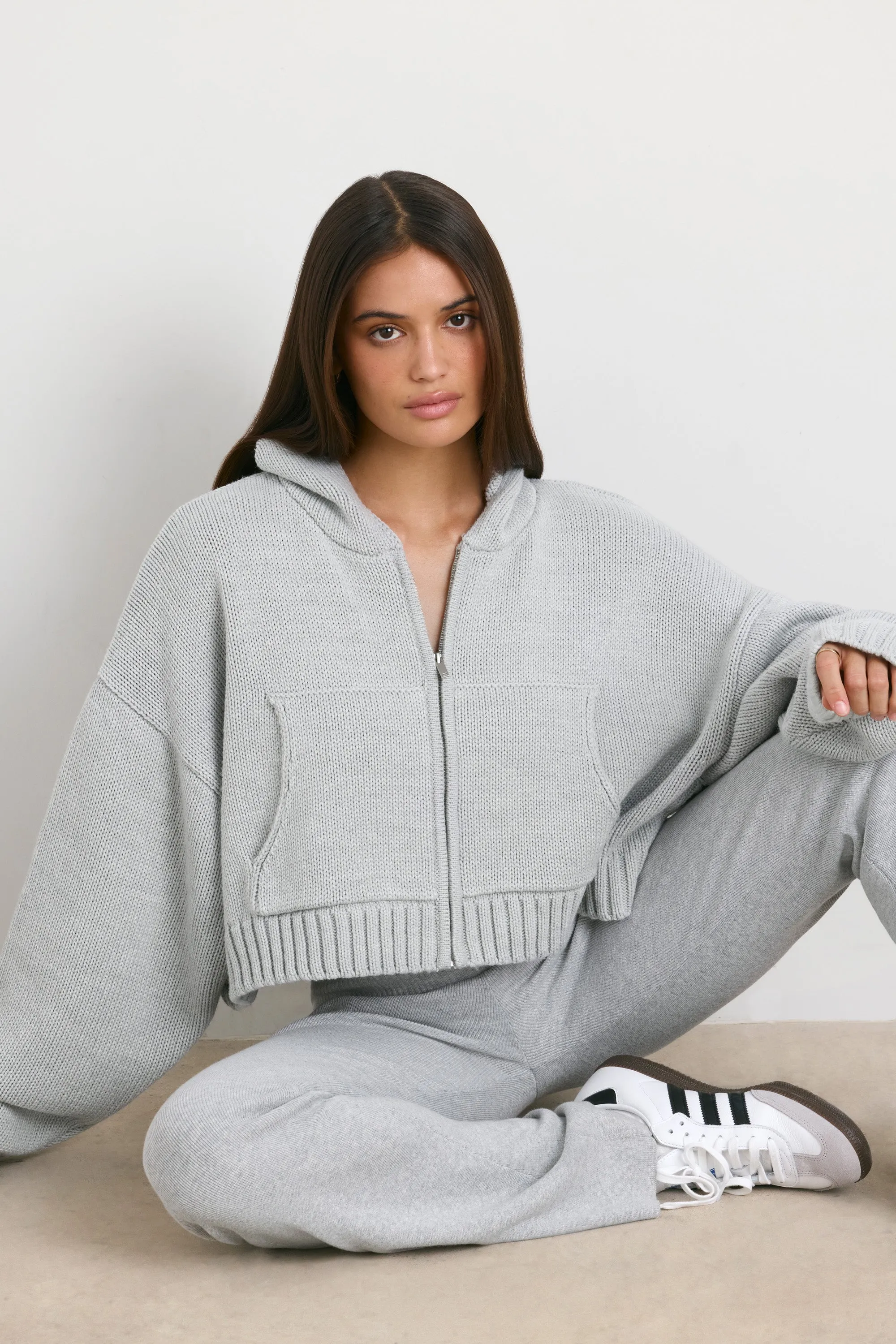 Cropped Zip Up Chunky Knit Hoodie in Heather Grey