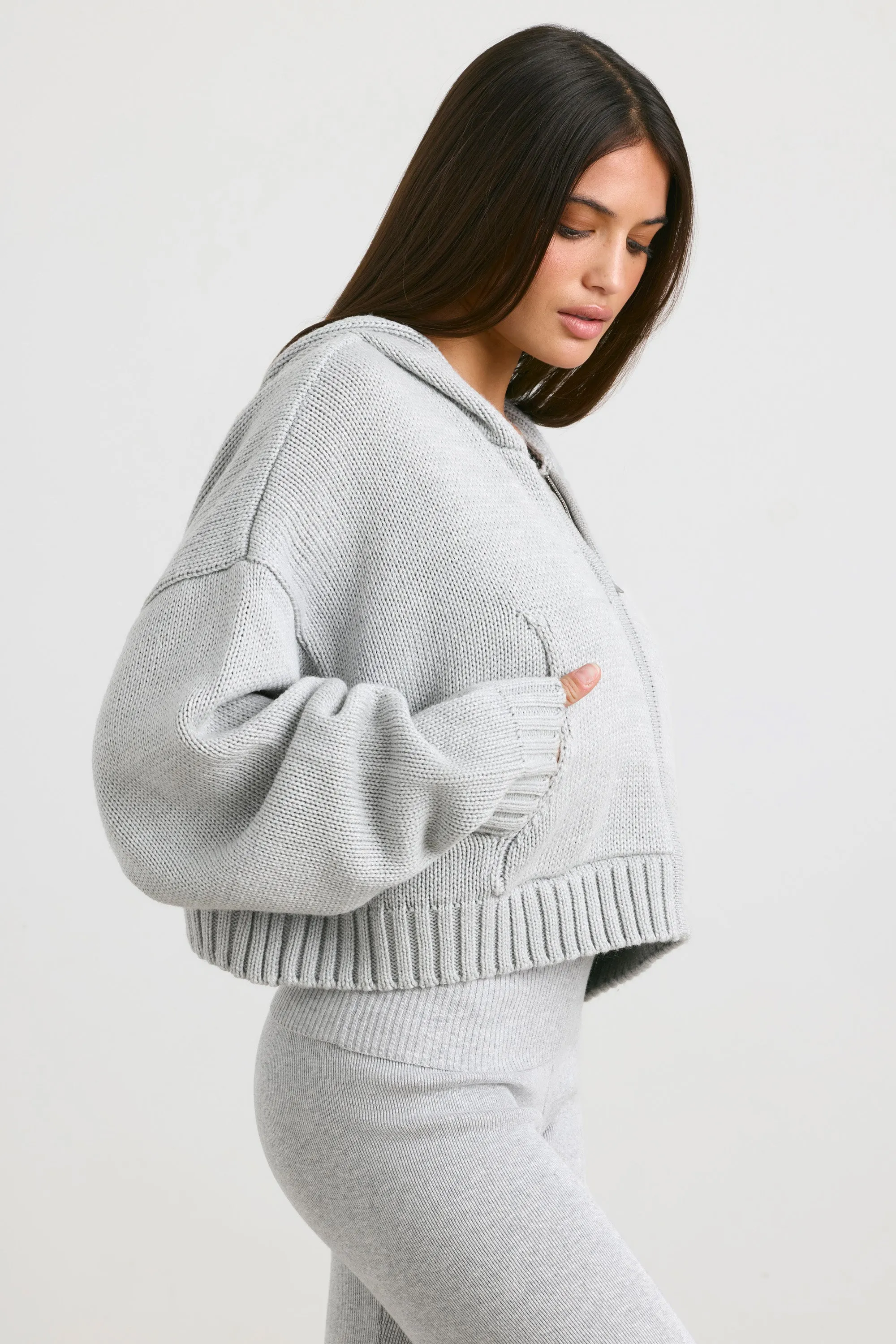 Cropped Zip Up Chunky Knit Hoodie in Heather Grey