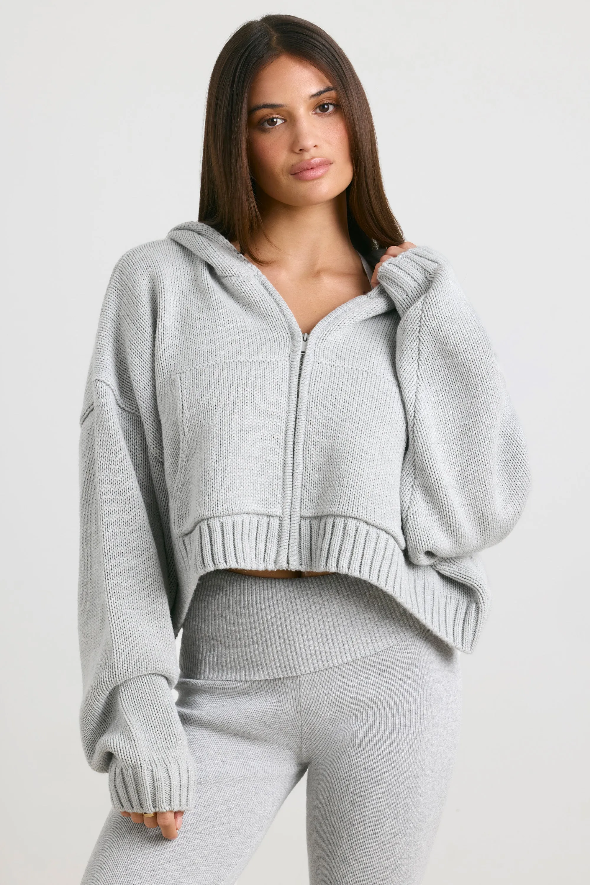 Cropped Zip Up Chunky Knit Hoodie in Heather Grey