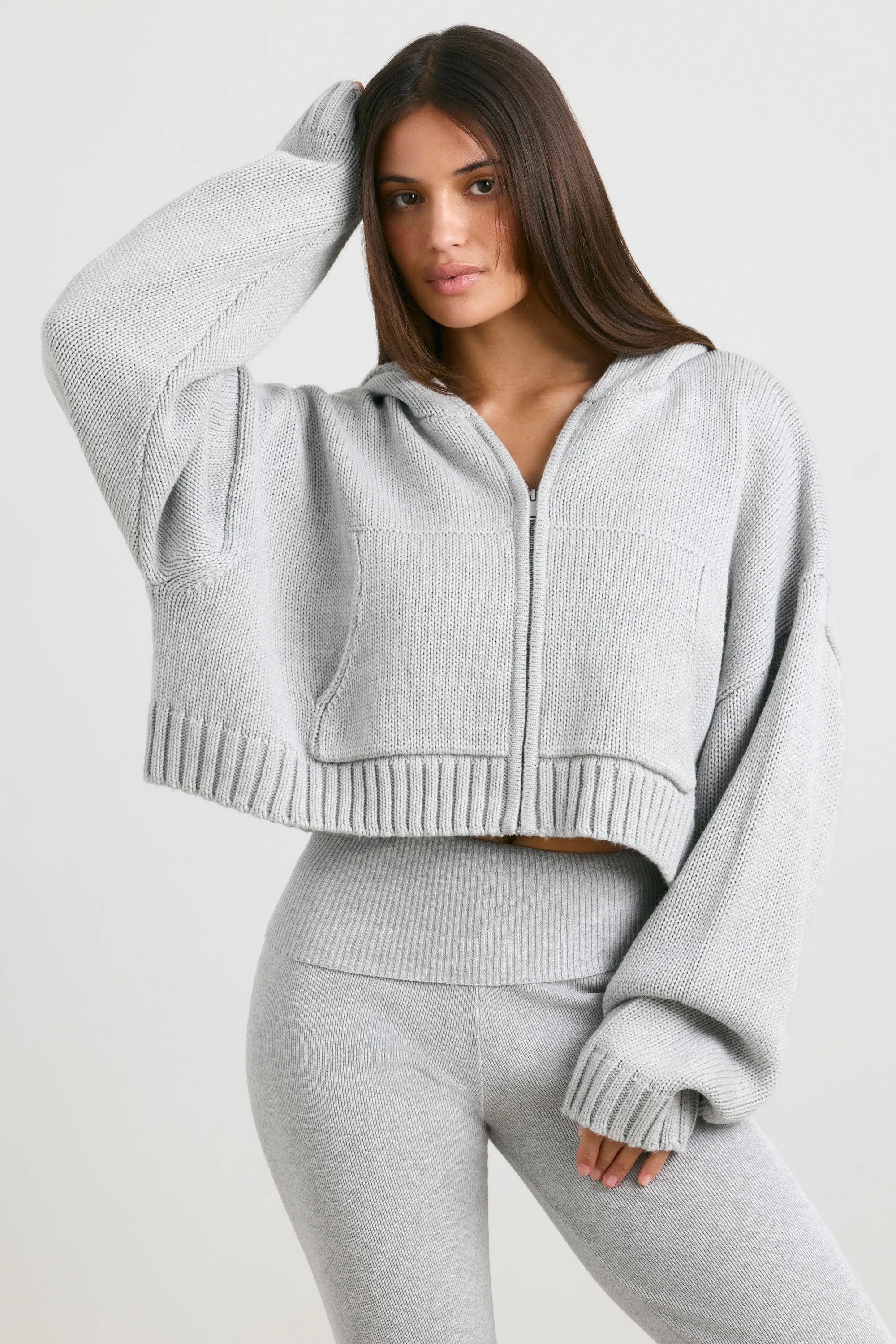 Cropped Zip Up Chunky Knit Hoodie in Heather Grey