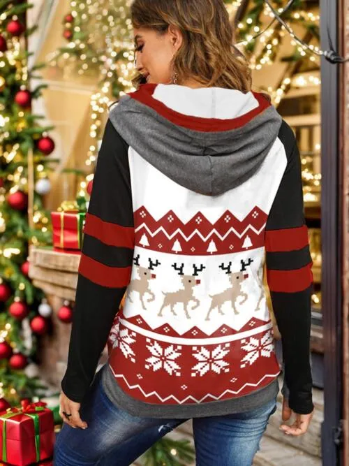 Double Take Full Size Christmas Drawstring Long Sleeve Hoodie