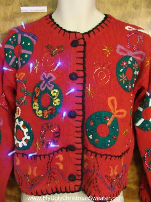 Festive Wreaths Red Tacky Xmas Sweater with Lights