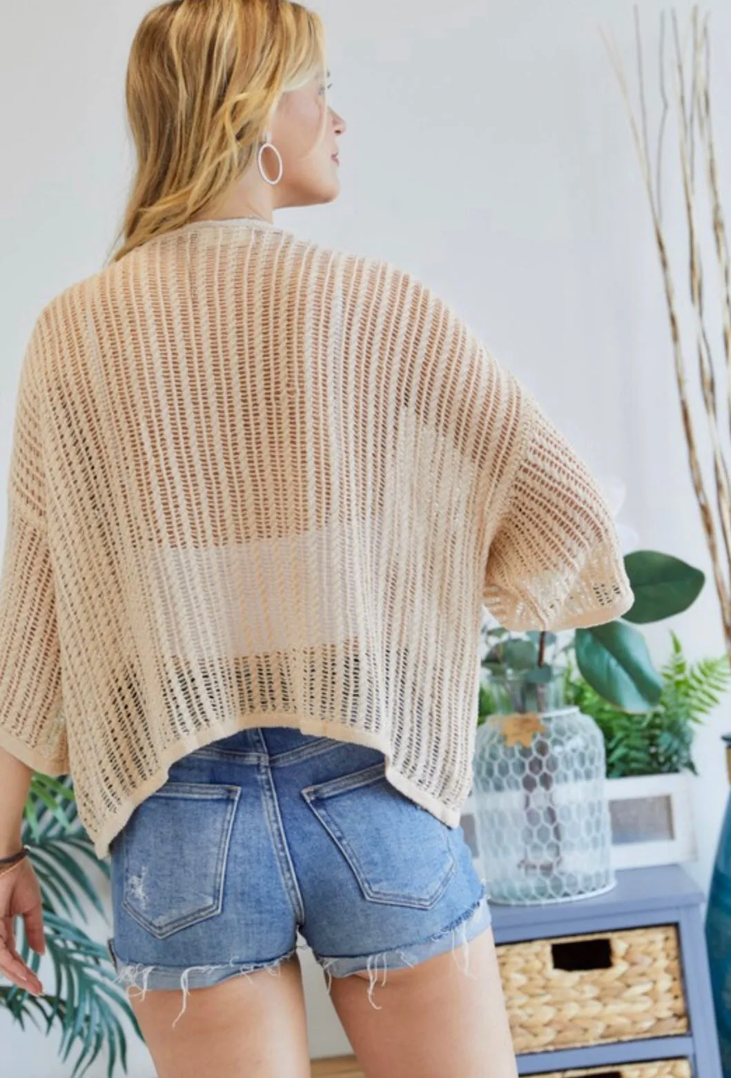 Fishnet Knit Short Sleeve Kimono Cardigan