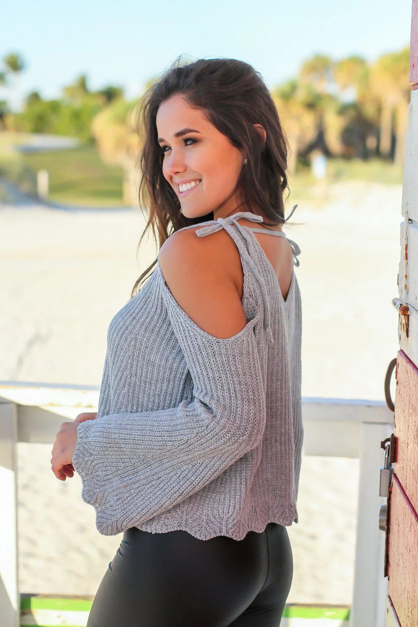 Gray Open Shoulder Knit Sweater