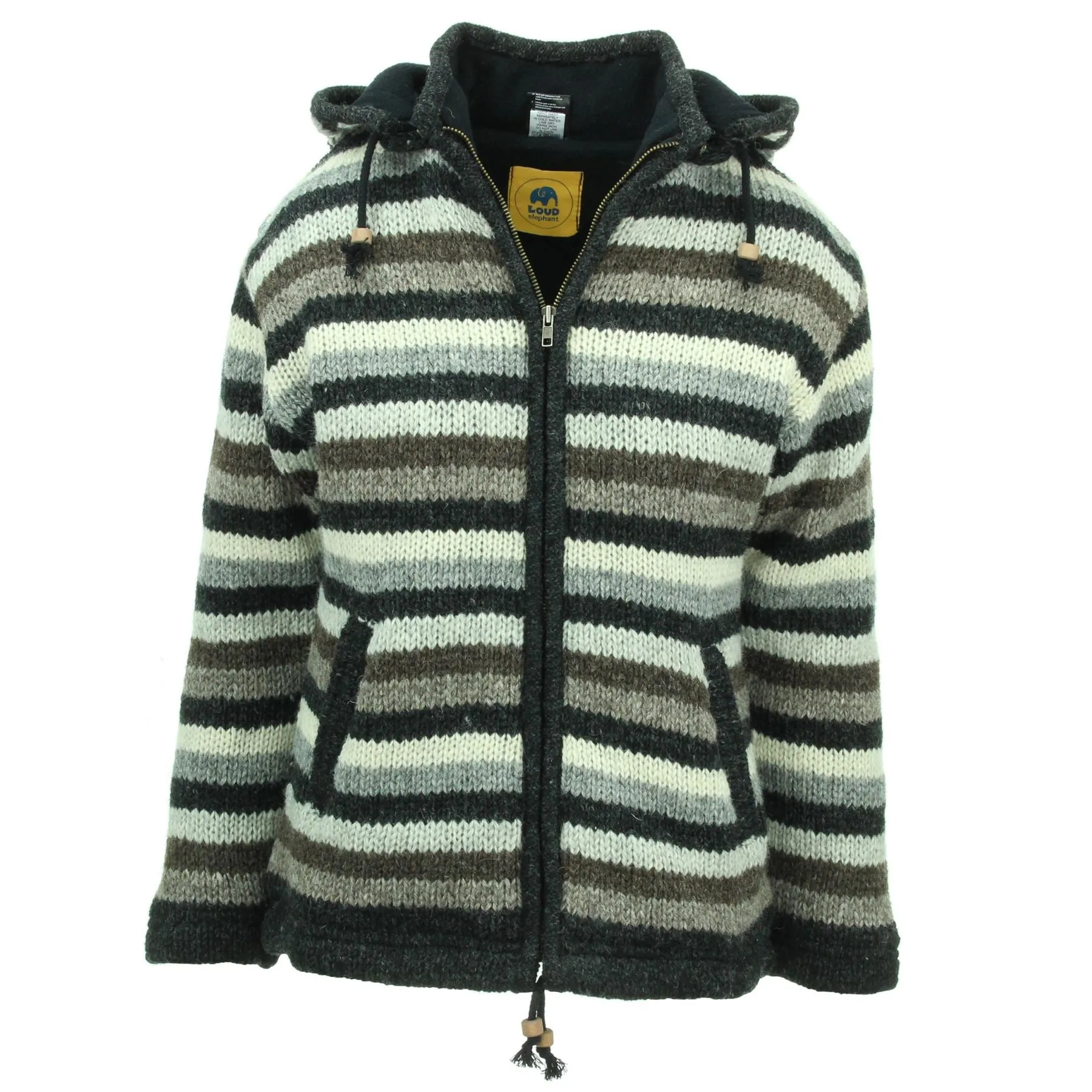 Hand Knitted Wool Hooded Jacket Cardigan Ladies Cut - Stripe Natural