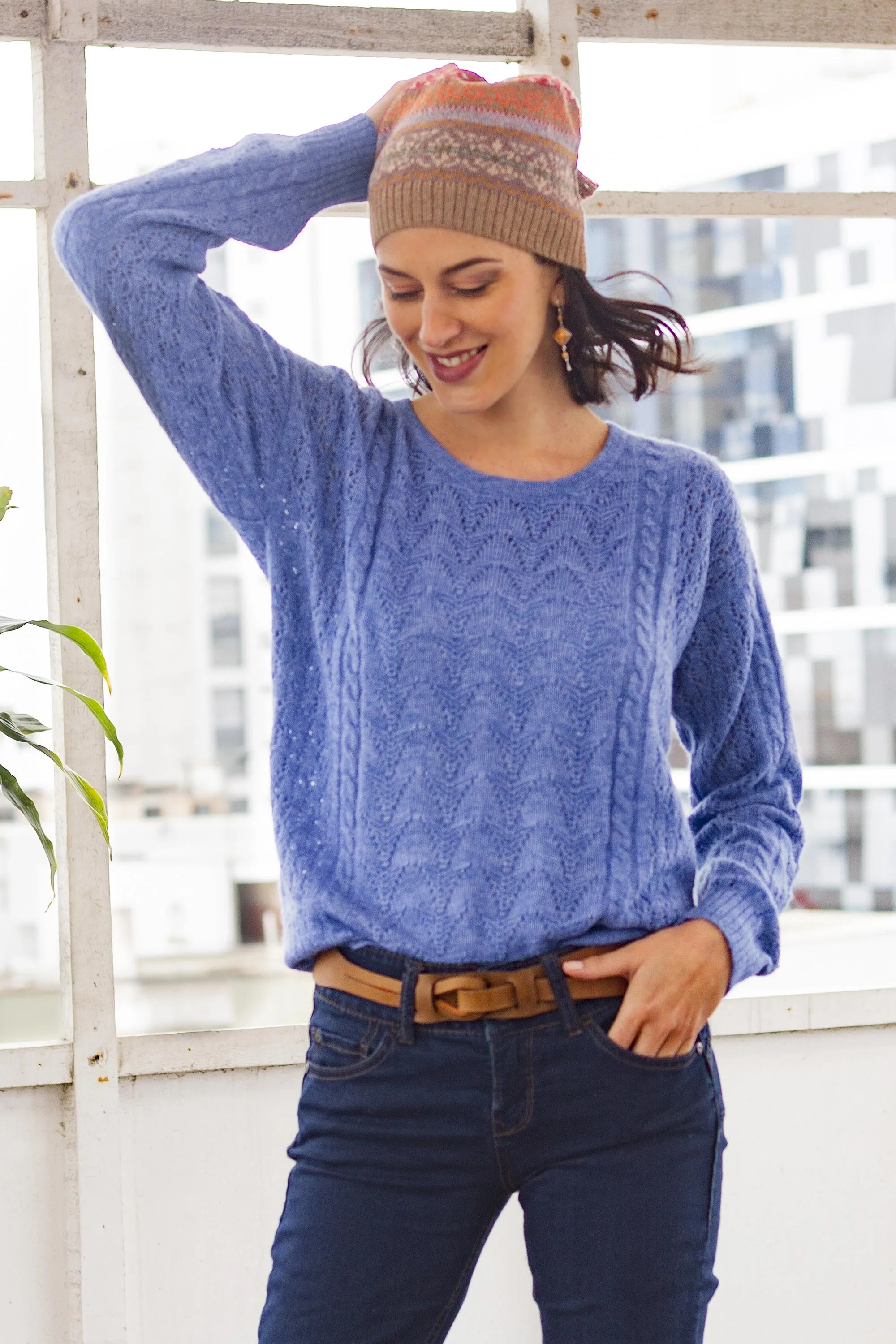 Heather Blue Baby Alpaca Blend Sweater - Distinction in Blue | NOVICA