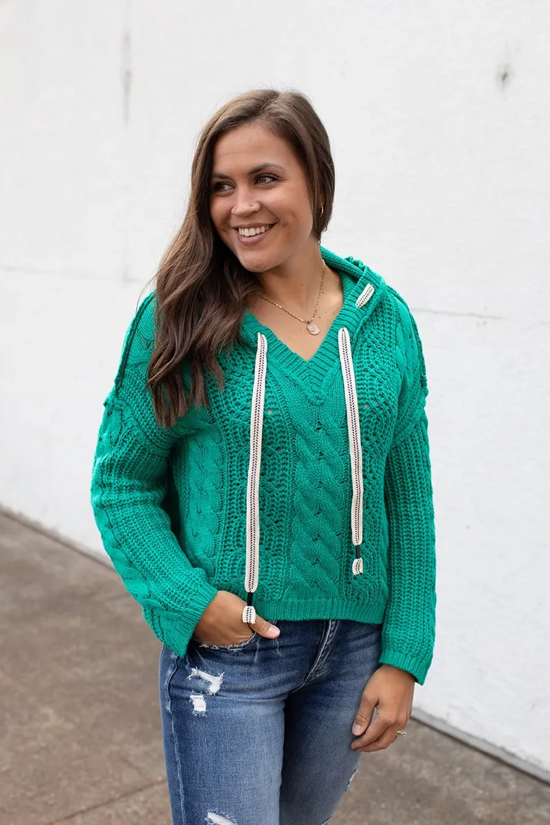 Kelly Green Hooded Chunky Knit Sweater (SM-XL)