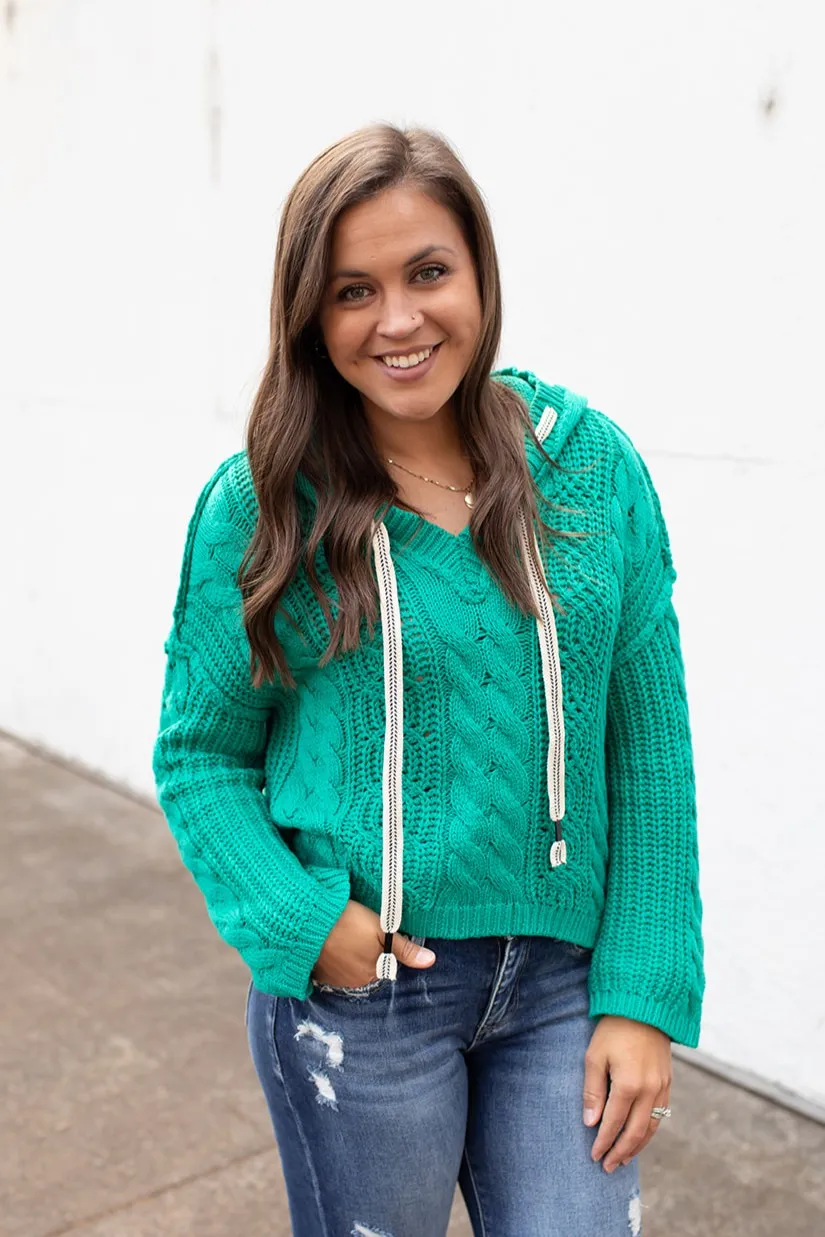 Kelly Green Hooded Chunky Knit Sweater (SM-XL)