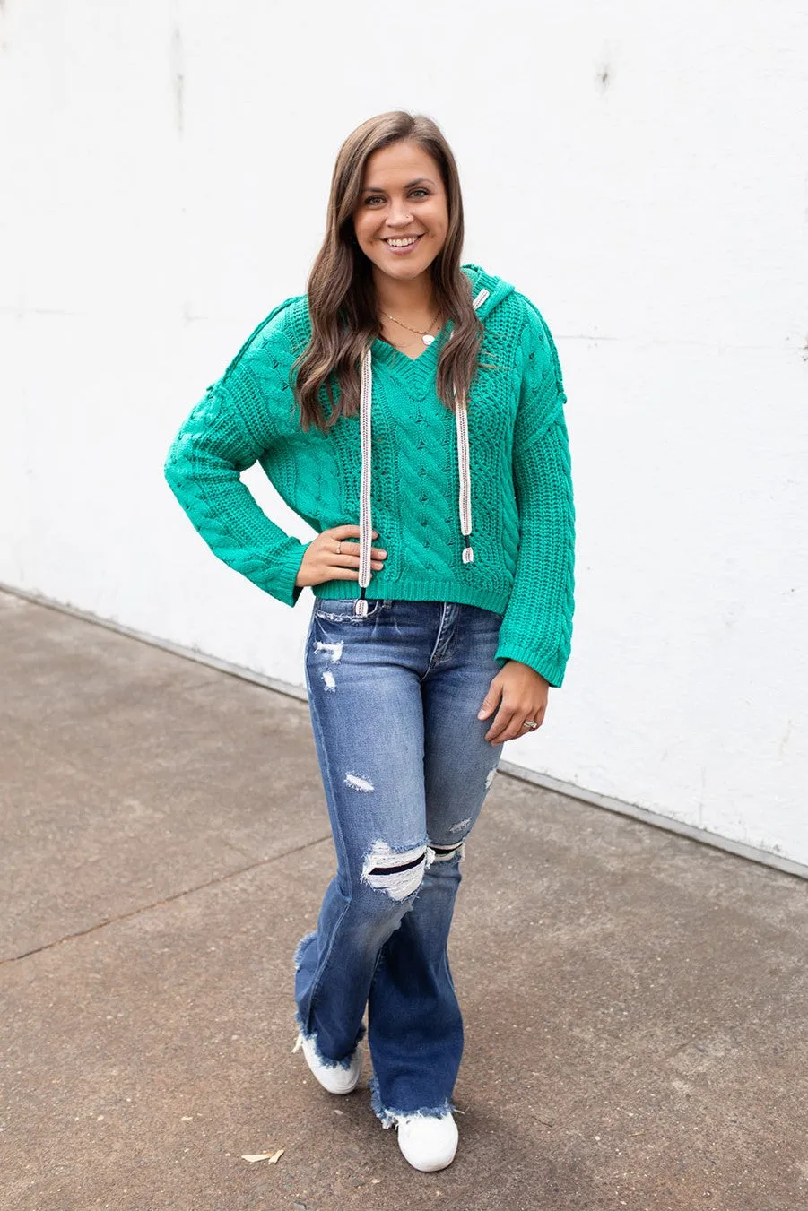 Kelly Green Hooded Chunky Knit Sweater (SM-XL)