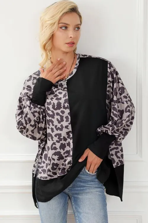 Leopard Round Neck Lantern Sleeve Slit Sweatshirt