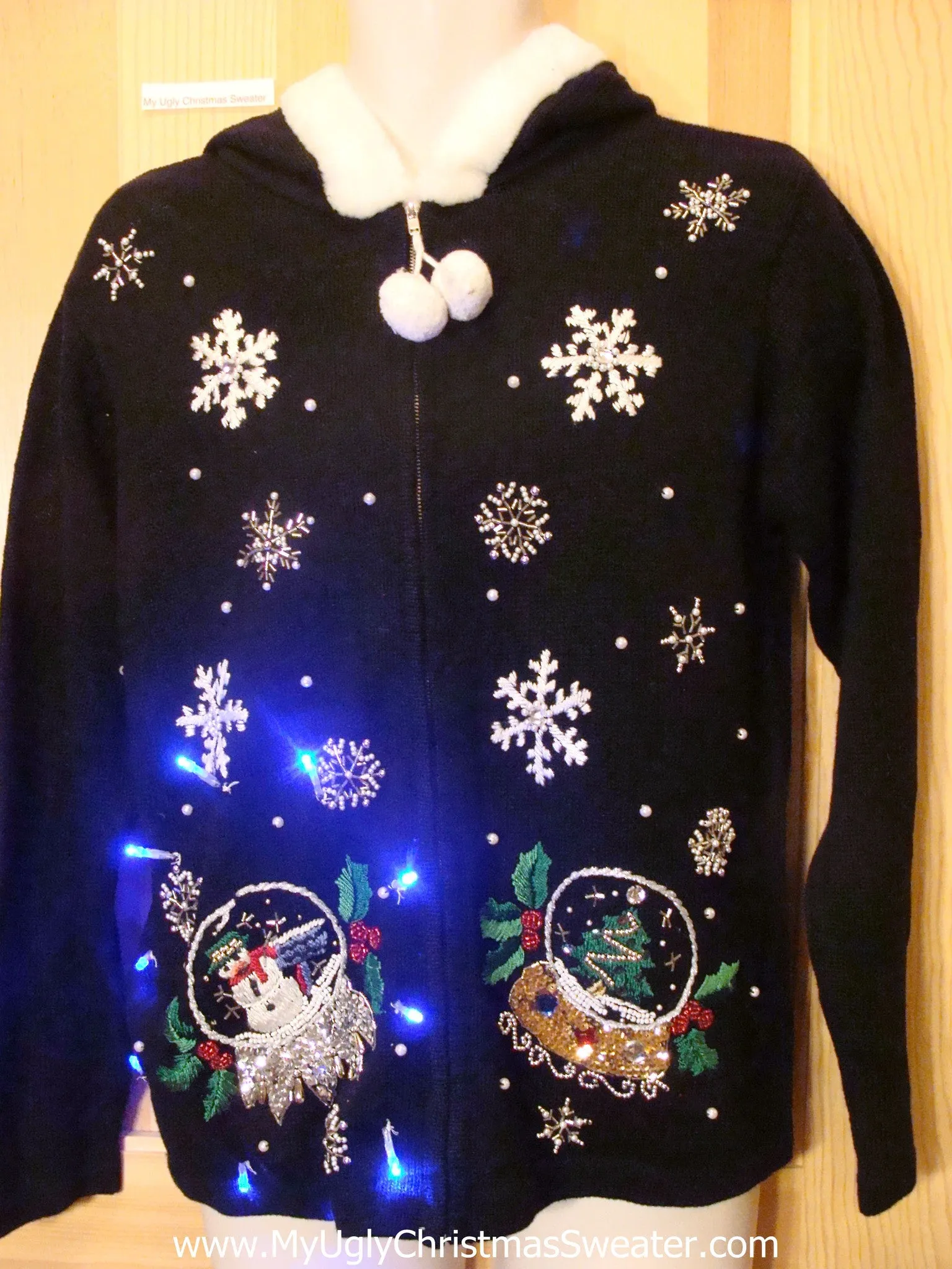 Light Up Ugly Xmas Sweater Snowglobe Hoodie with Furry Collar