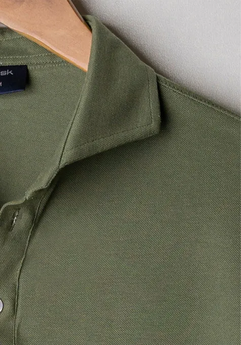 Military Green Feather Soft Piqué Full Sleeve Polo Shirt