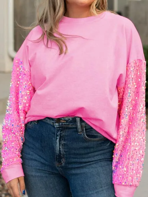 Plus Size Sequin Round Neck Dropped Shoulder Sweatshirt