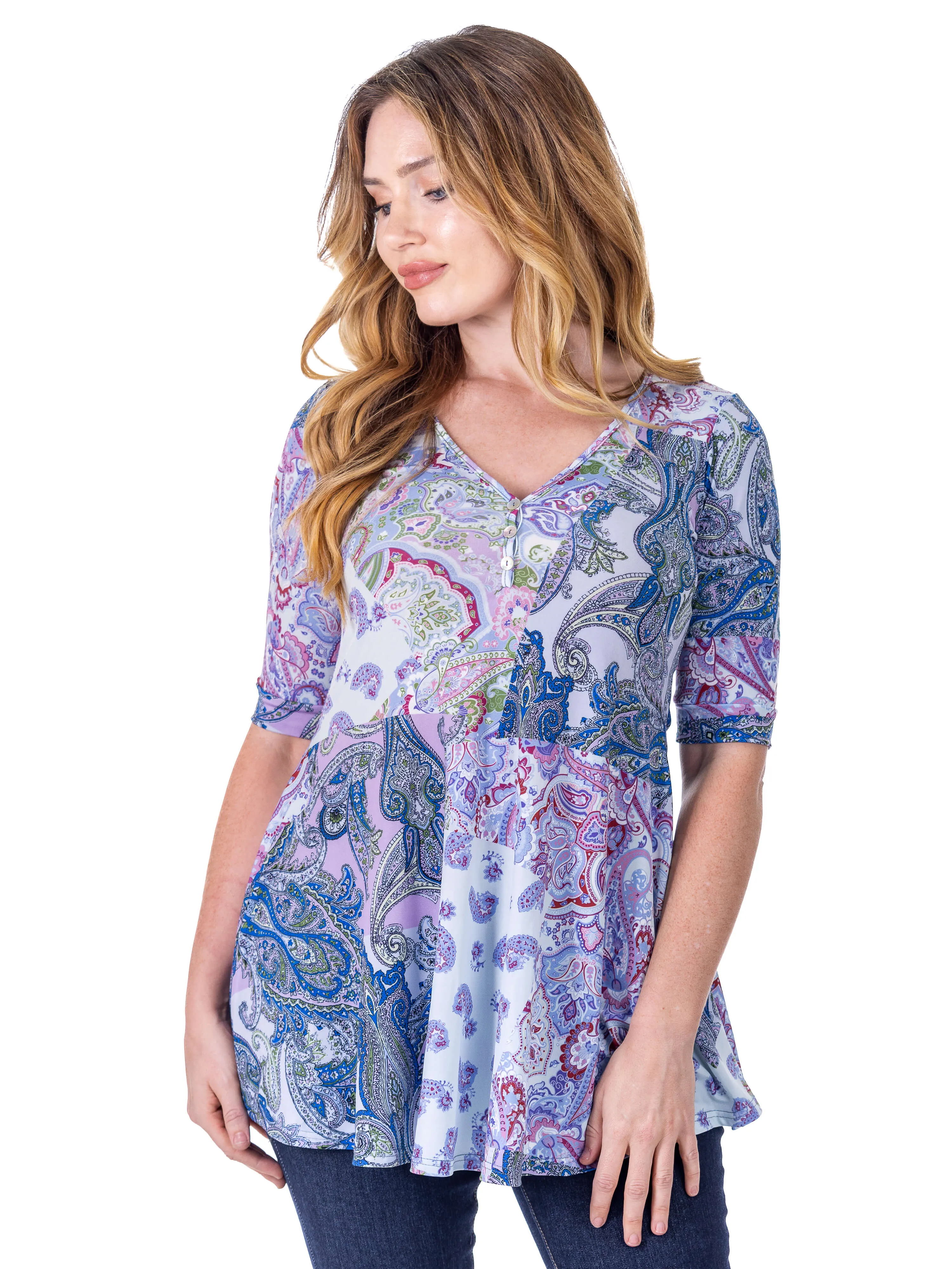 Purple Paisley Print Elbow Sleeve V Neck Henley Tunic Top