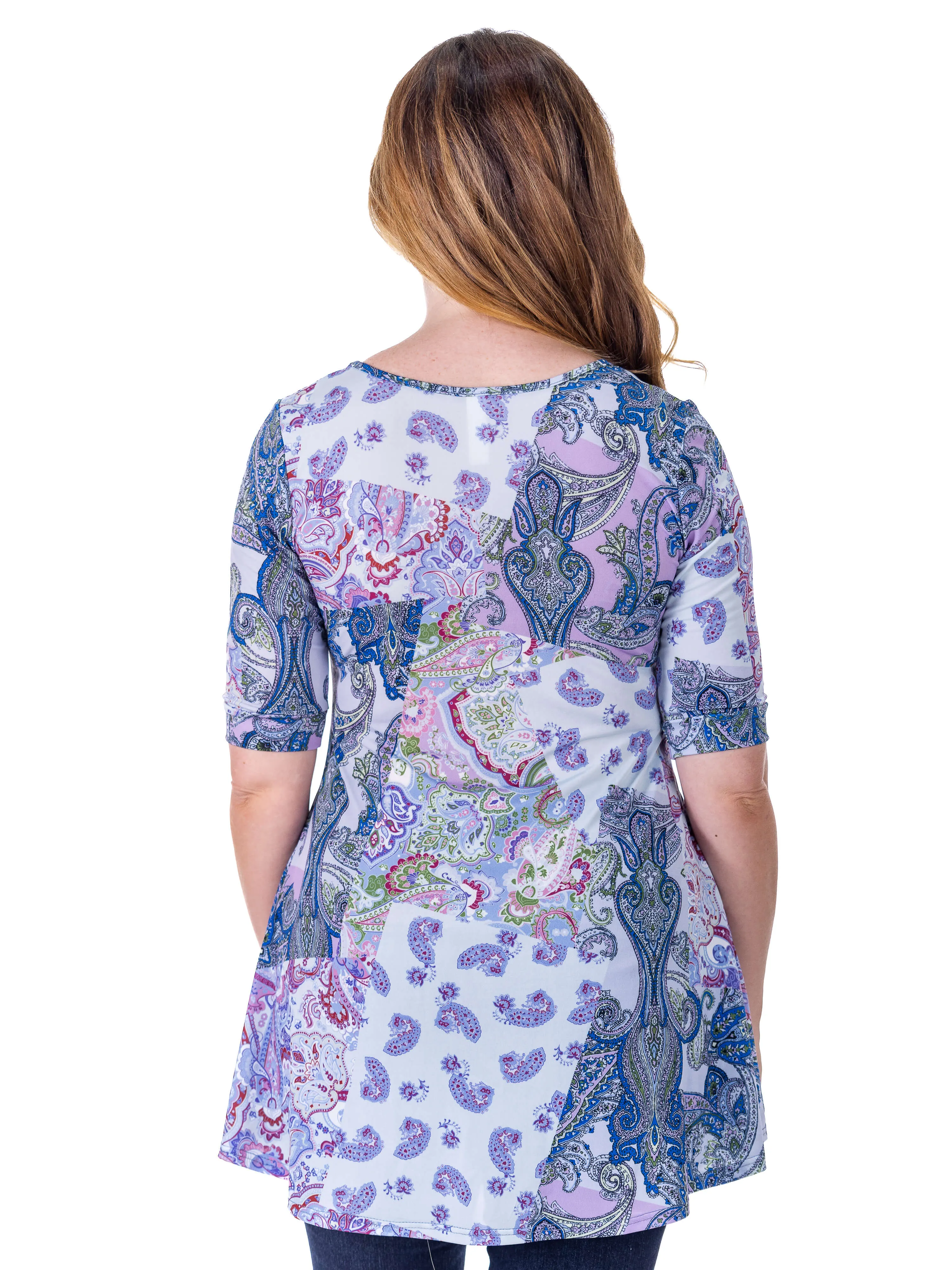 Purple Paisley Print Elbow Sleeve V Neck Henley Tunic Top