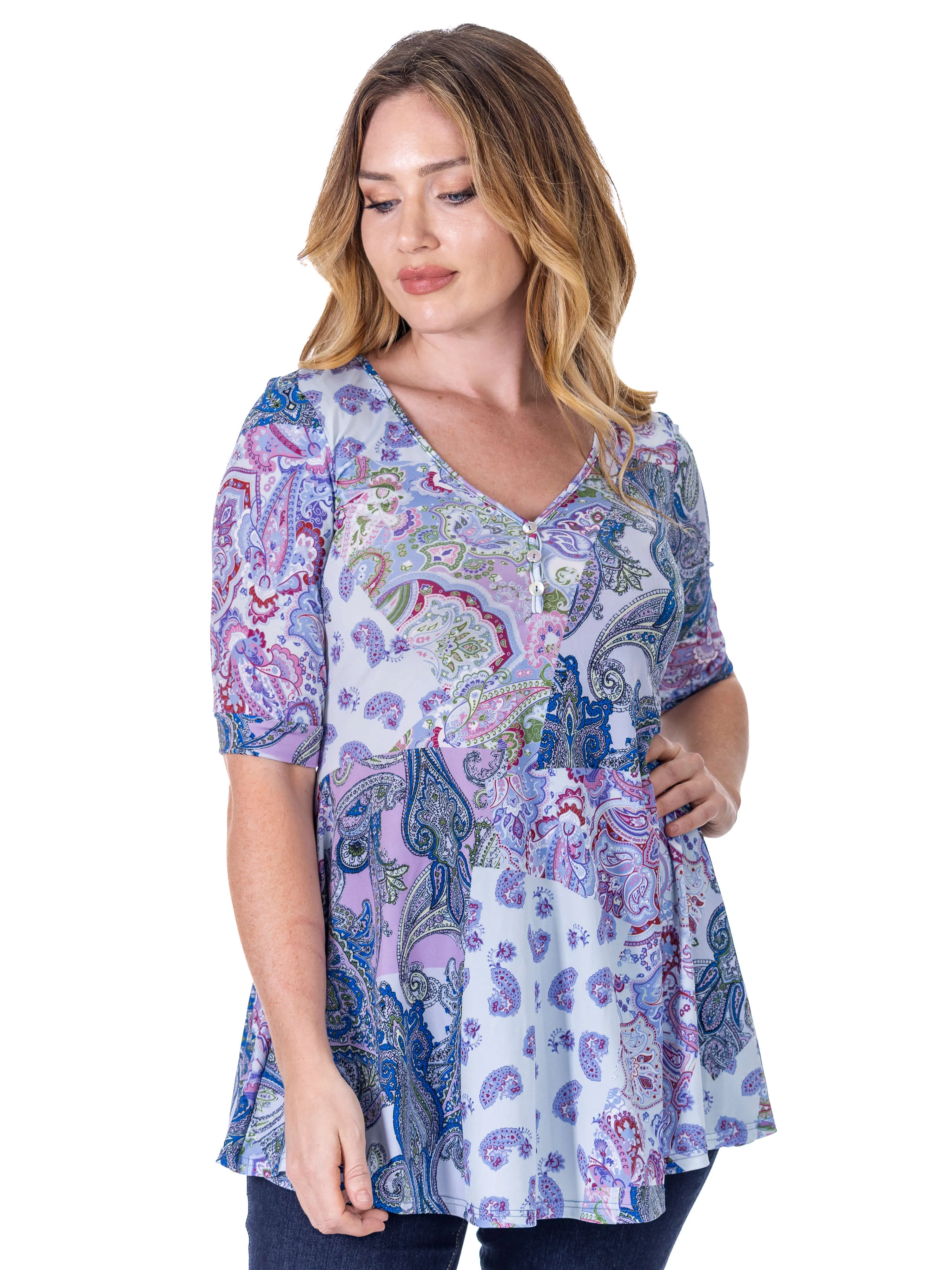 Purple Paisley Print Elbow Sleeve V Neck Henley Tunic Top