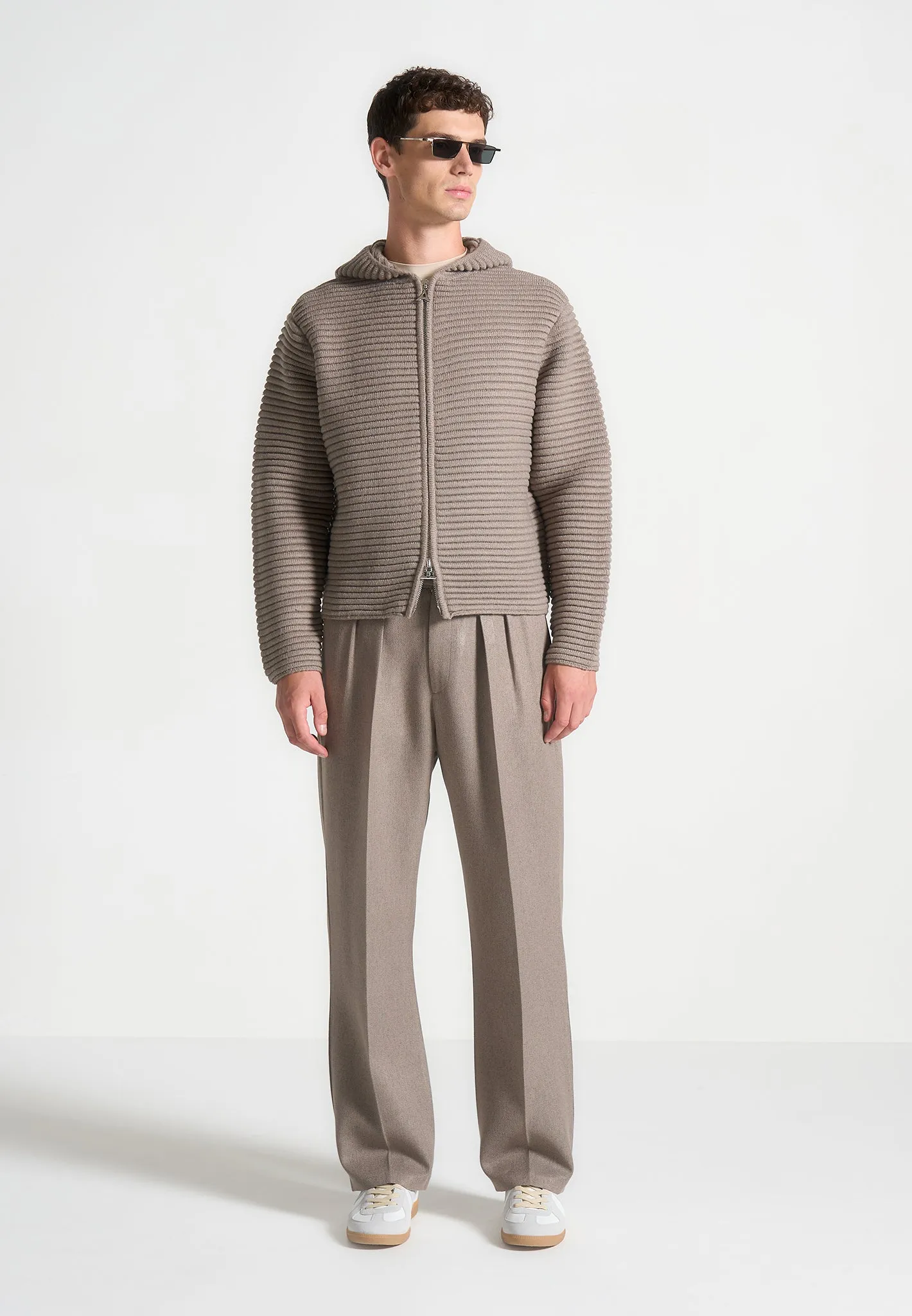 Ribbed Knit Zip Up Hoodie - Taupe