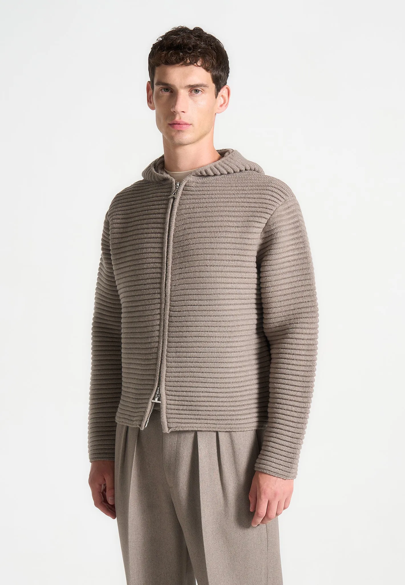 Ribbed Knit Zip Up Hoodie - Taupe