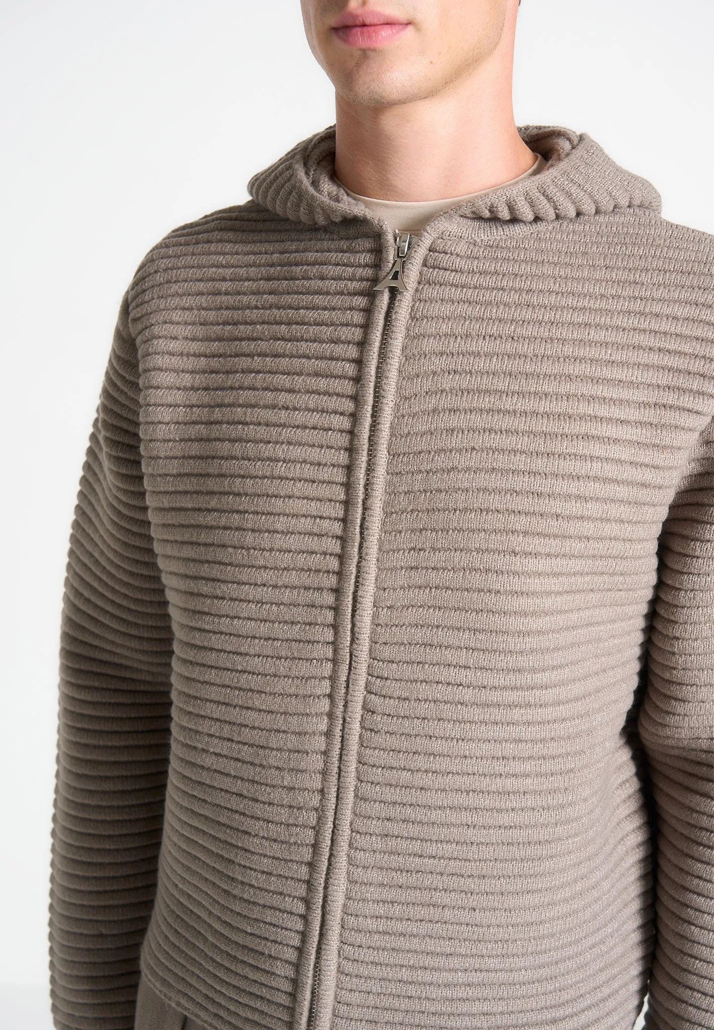 Ribbed Knit Zip Up Hoodie - Taupe