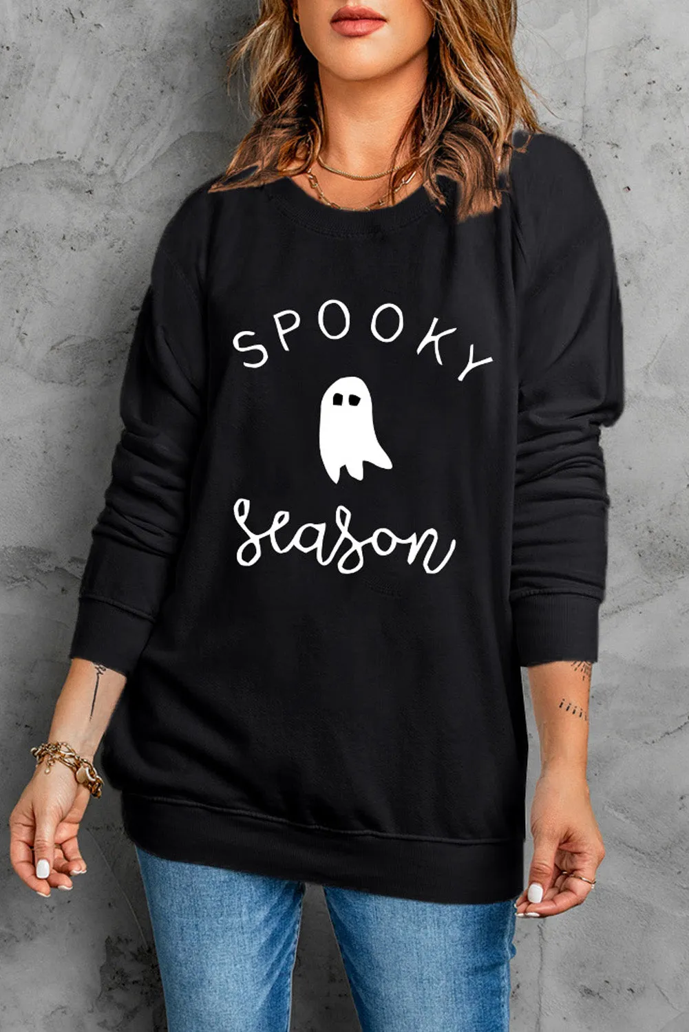 Round Neck Long Sleeve SPOOKY SEASON Graphic Sweatshirt