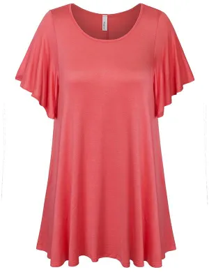 Solid Basic Loose Fit Tunic Top with Ruffle Sleeve (S-3X)