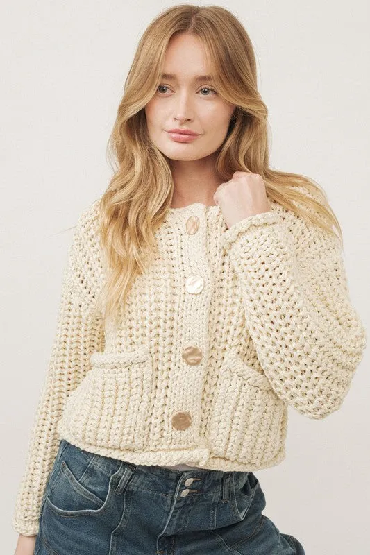 Waitlist 12/8 ♥ Billie Long Sleeve Chunky Knit Cropped Cardigan Cream