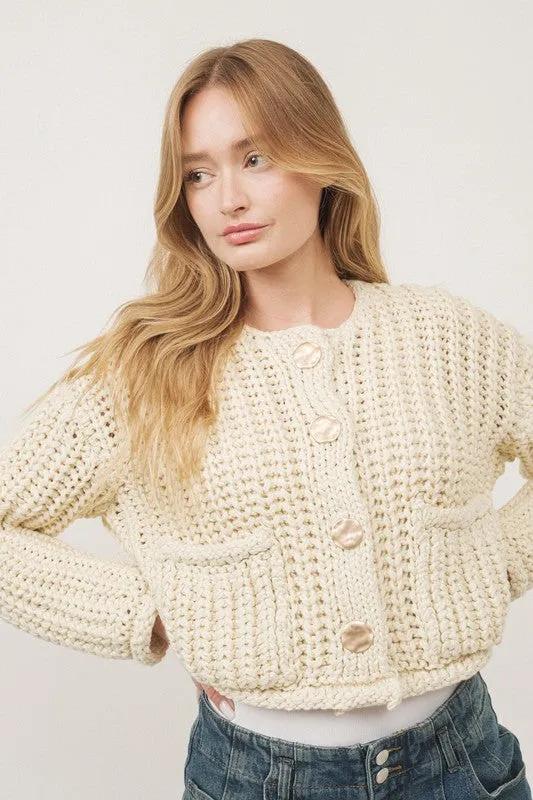 Waitlist 12/8 ♥ Billie Long Sleeve Chunky Knit Cropped Cardigan Cream