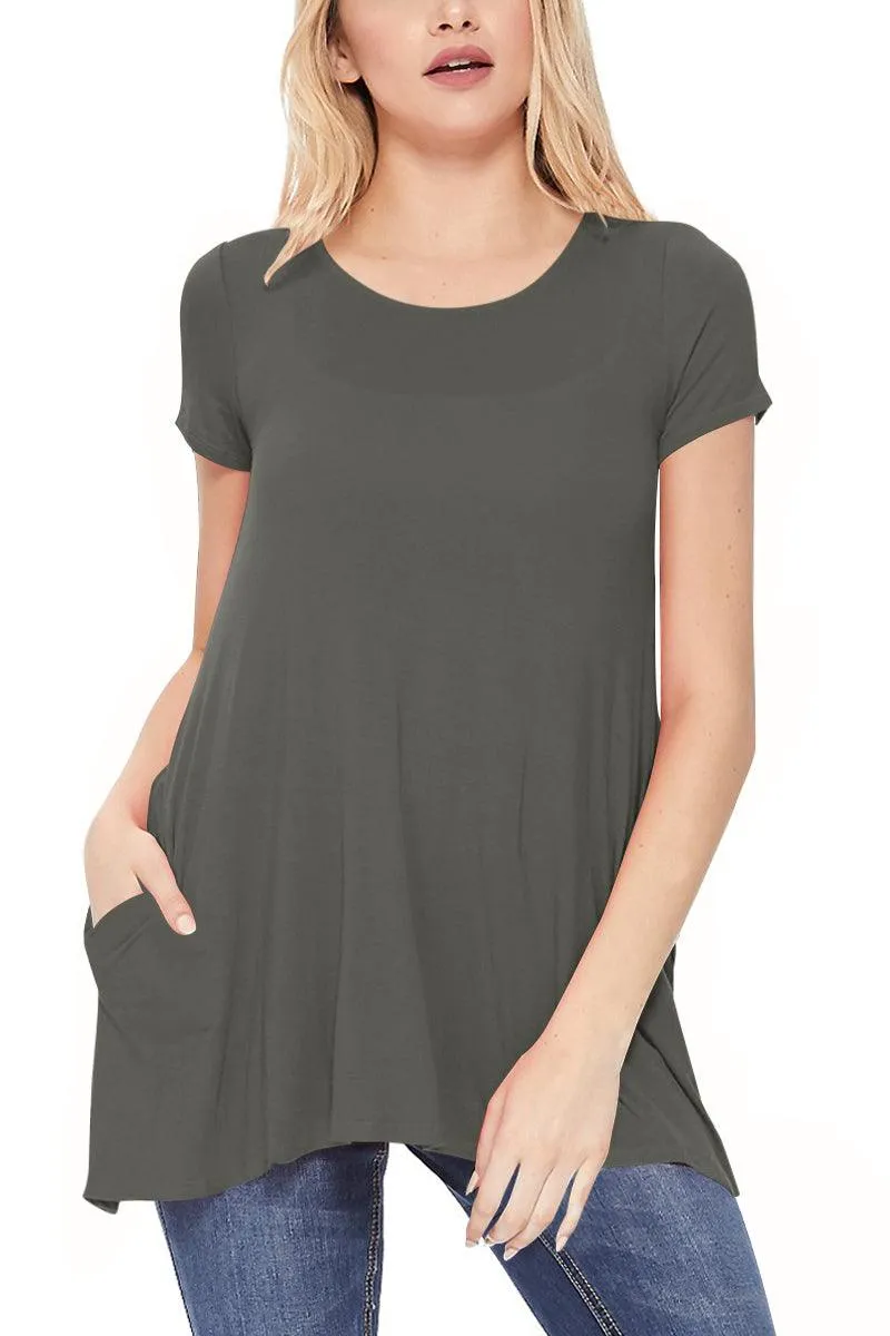 Women's Casual Short Sleeve Relaxed Fit Round Neck Side Pockets Tunic Top