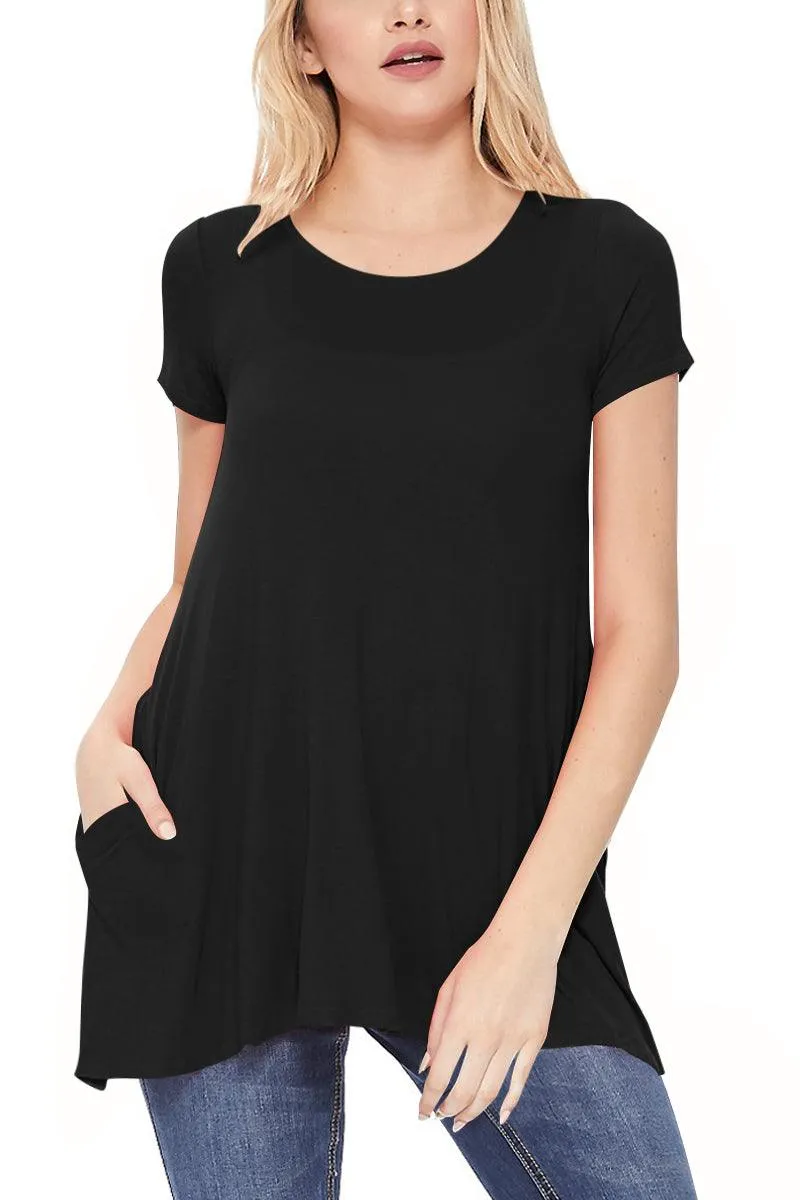 Women's Casual Short Sleeve Relaxed Fit Round Neck Side Pockets Tunic Top