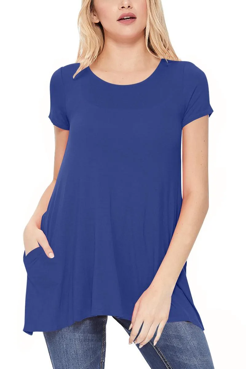 Women's Casual Short Sleeve Relaxed Fit Round Neck Side Pockets Tunic Top