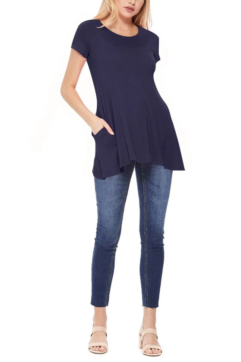 Women's Casual Short Sleeve Relaxed Fit Round Neck Side Pockets Tunic Top