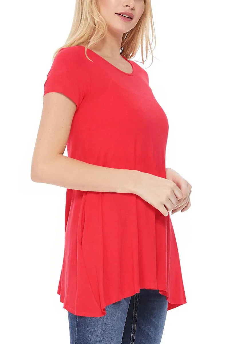 Women's Casual Short Sleeve Relaxed Fit Round Neck Side Pockets Tunic Top