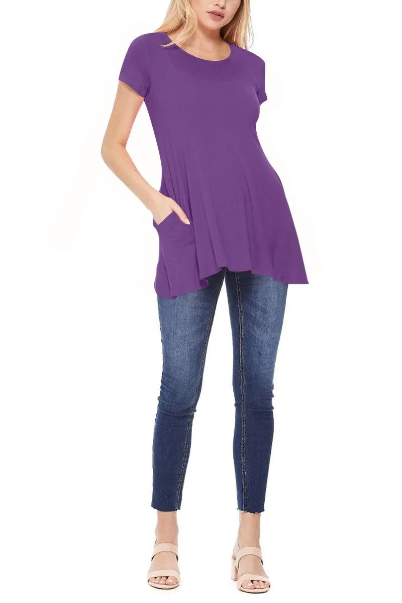 Women's Casual Short Sleeve Relaxed Fit Round Neck Side Pockets Tunic Top