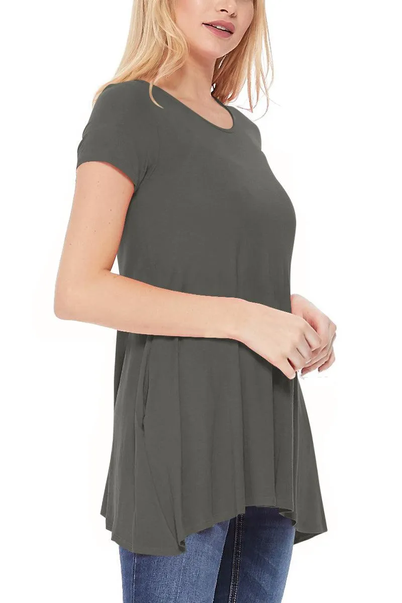 Women's Casual Short Sleeve Relaxed Fit Round Neck Side Pockets Tunic Top