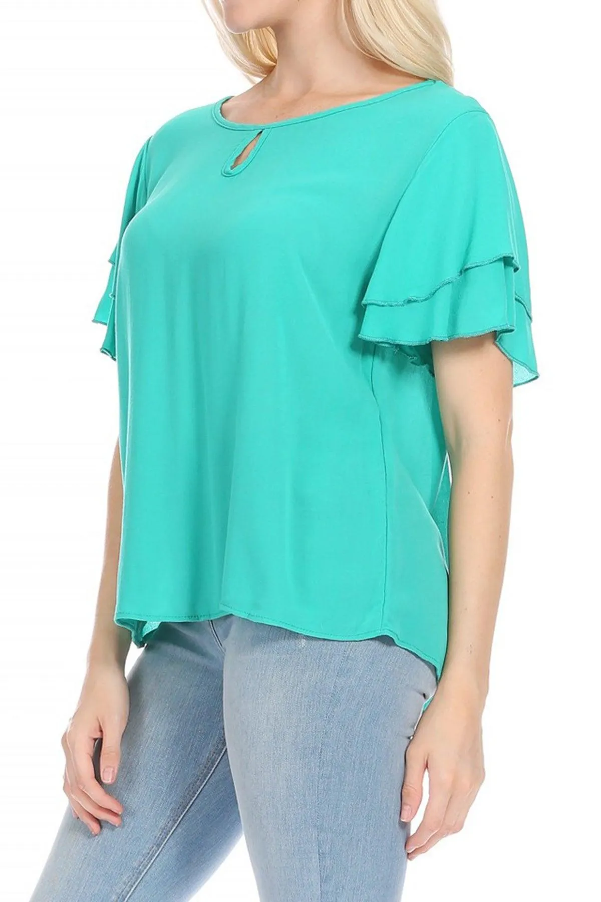 Women's Casual Solid Flowy Short Flutter Sleeve Round Neck Key Hole Tee Blouse Top