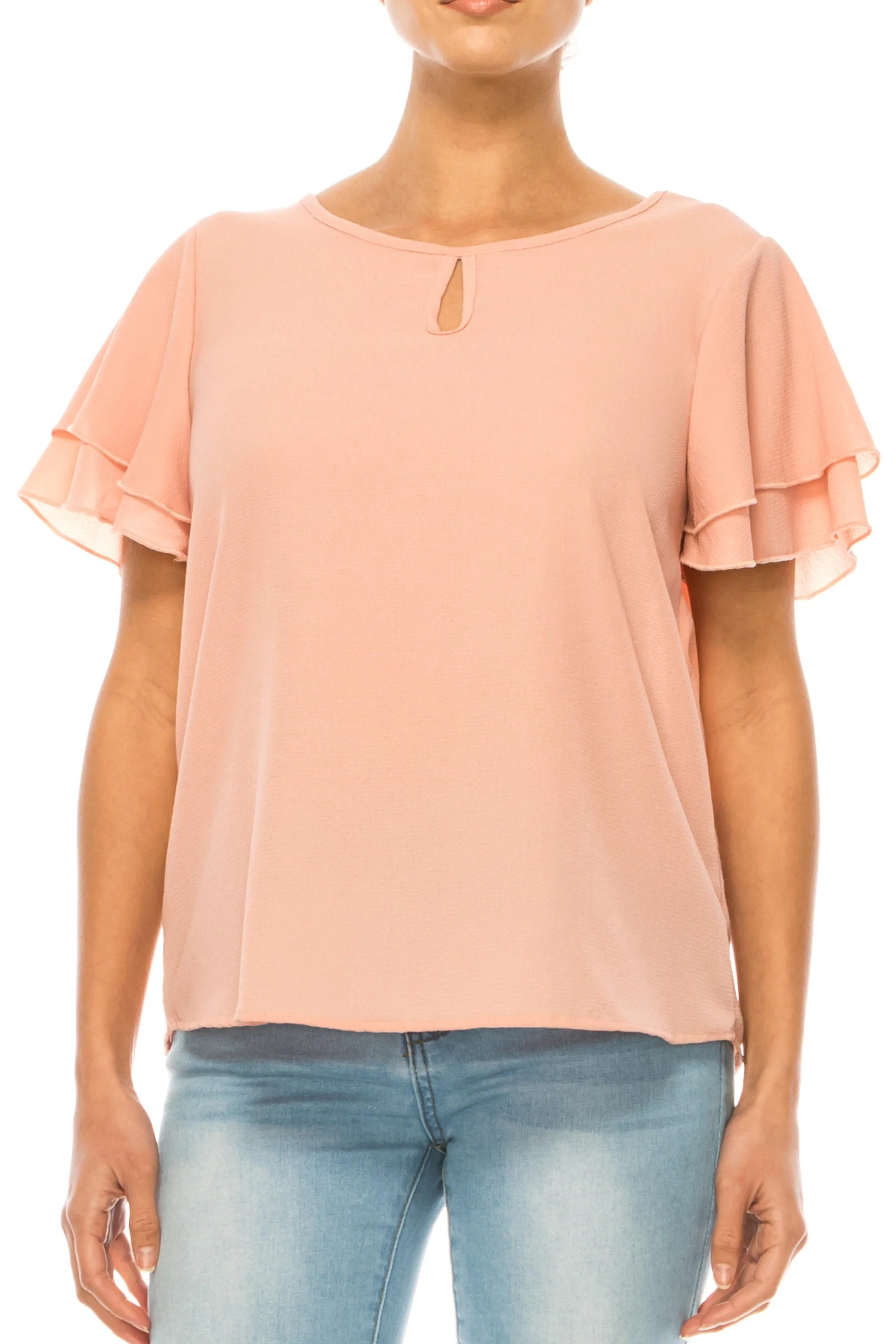 Women's Casual Solid Flowy Short Flutter Sleeve Round Neck Key Hole Tee Blouse Top