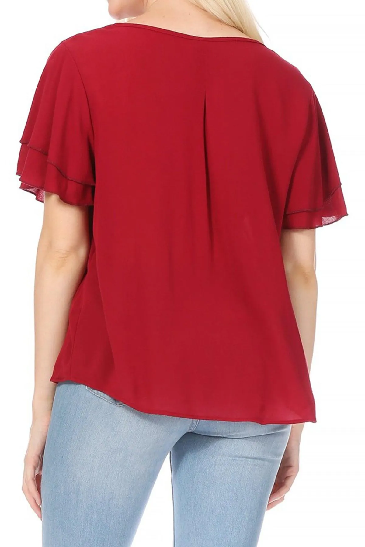 Women's Casual Solid Flowy Short Flutter Sleeve Round Neck Key Hole Tee Blouse Top