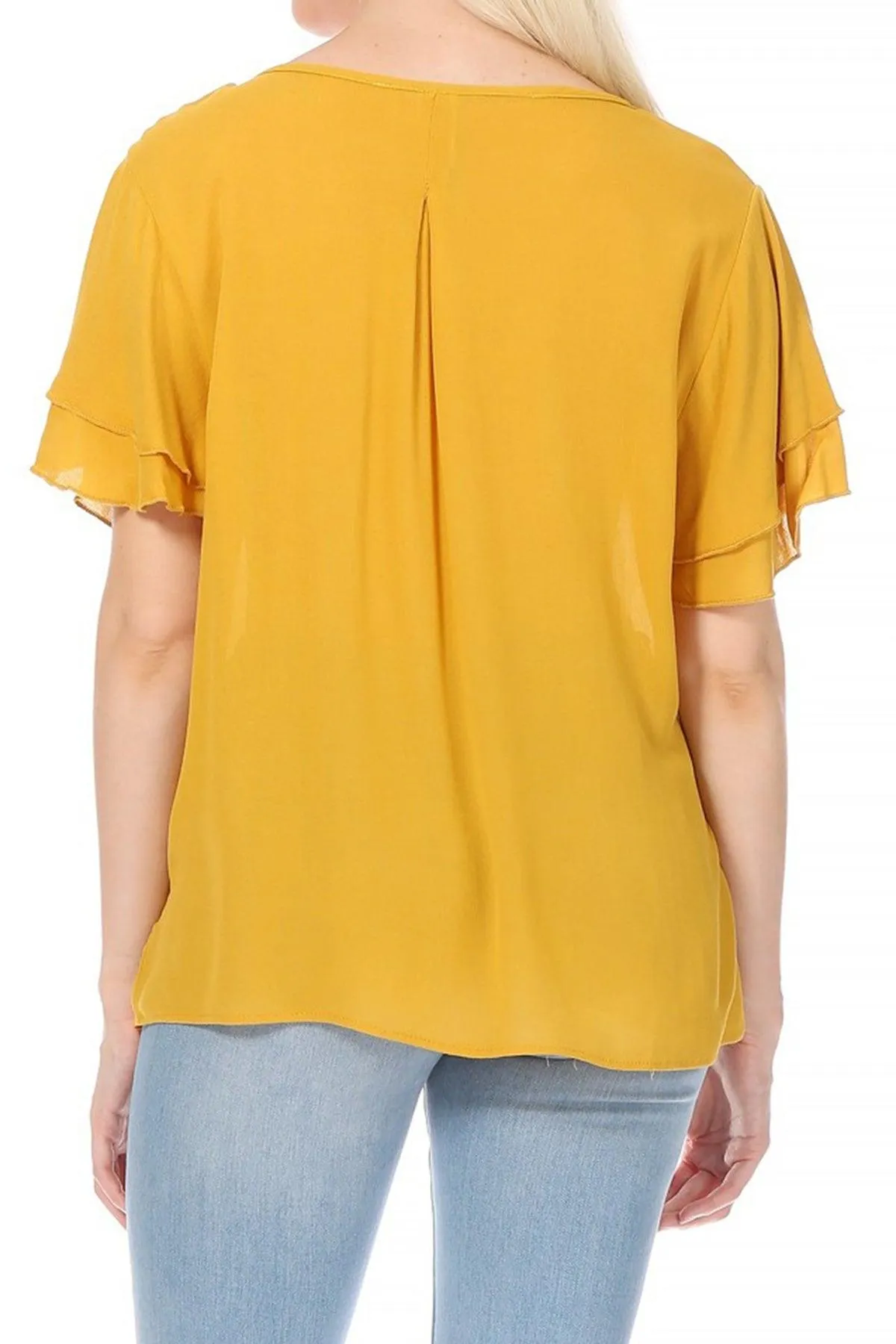 Women's Casual Solid Flowy Short Flutter Sleeve Round Neck Key Hole Tee Blouse Top