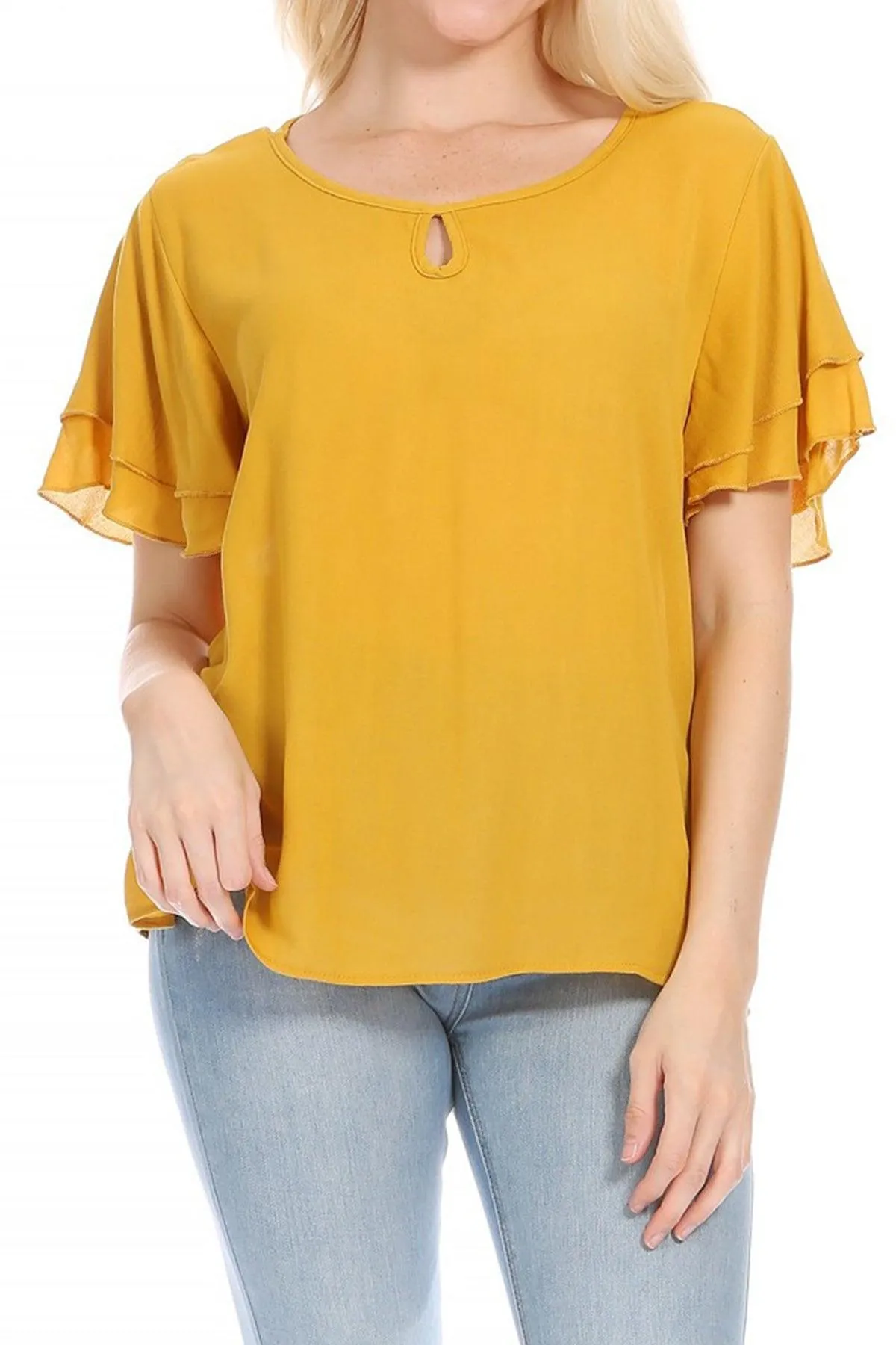 Women's Casual Solid Flowy Short Flutter Sleeve Round Neck Key Hole Tee Blouse Top