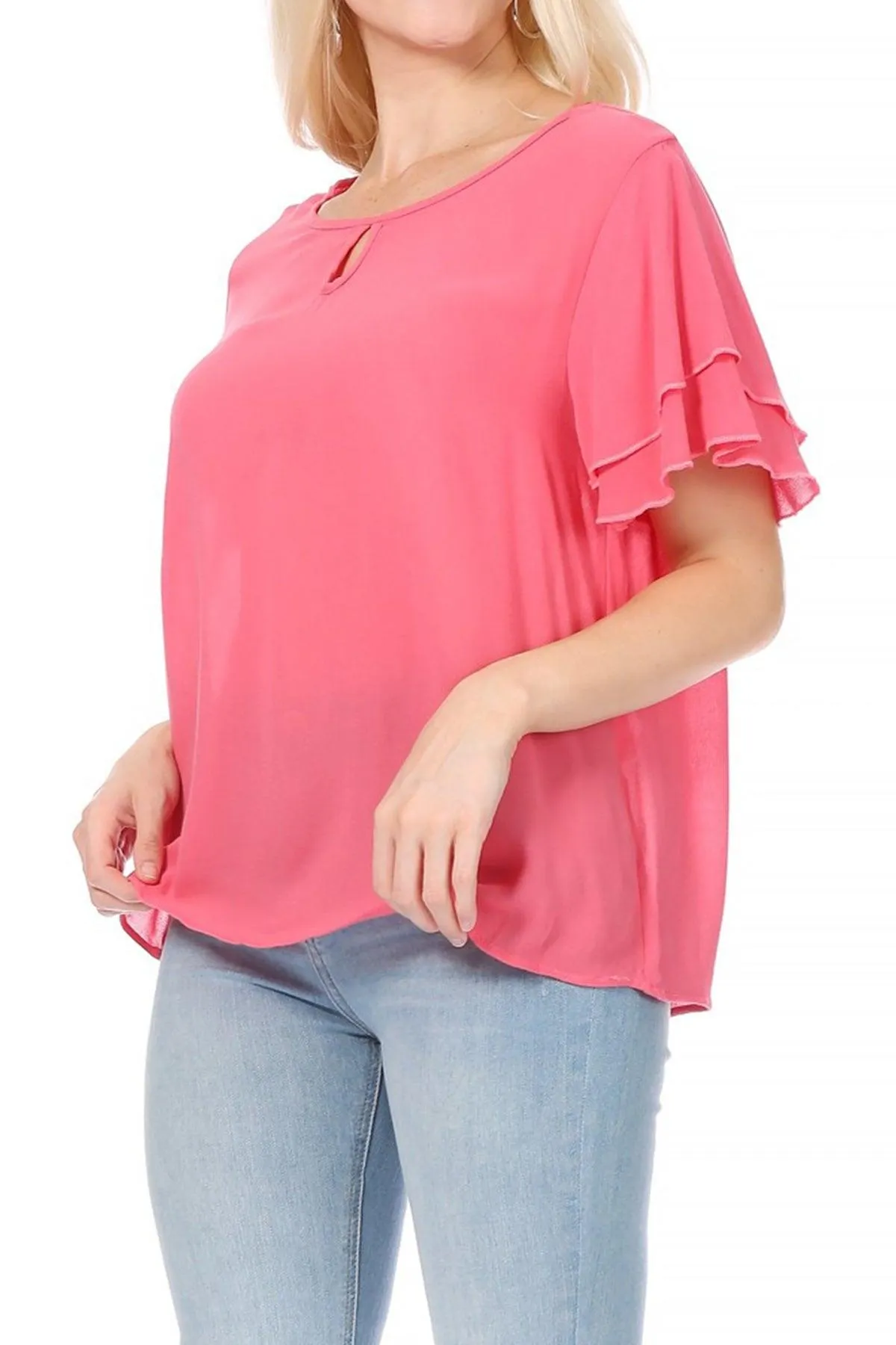 Women's Casual Solid Flowy Short Flutter Sleeve Round Neck Key Hole Tee Blouse Top