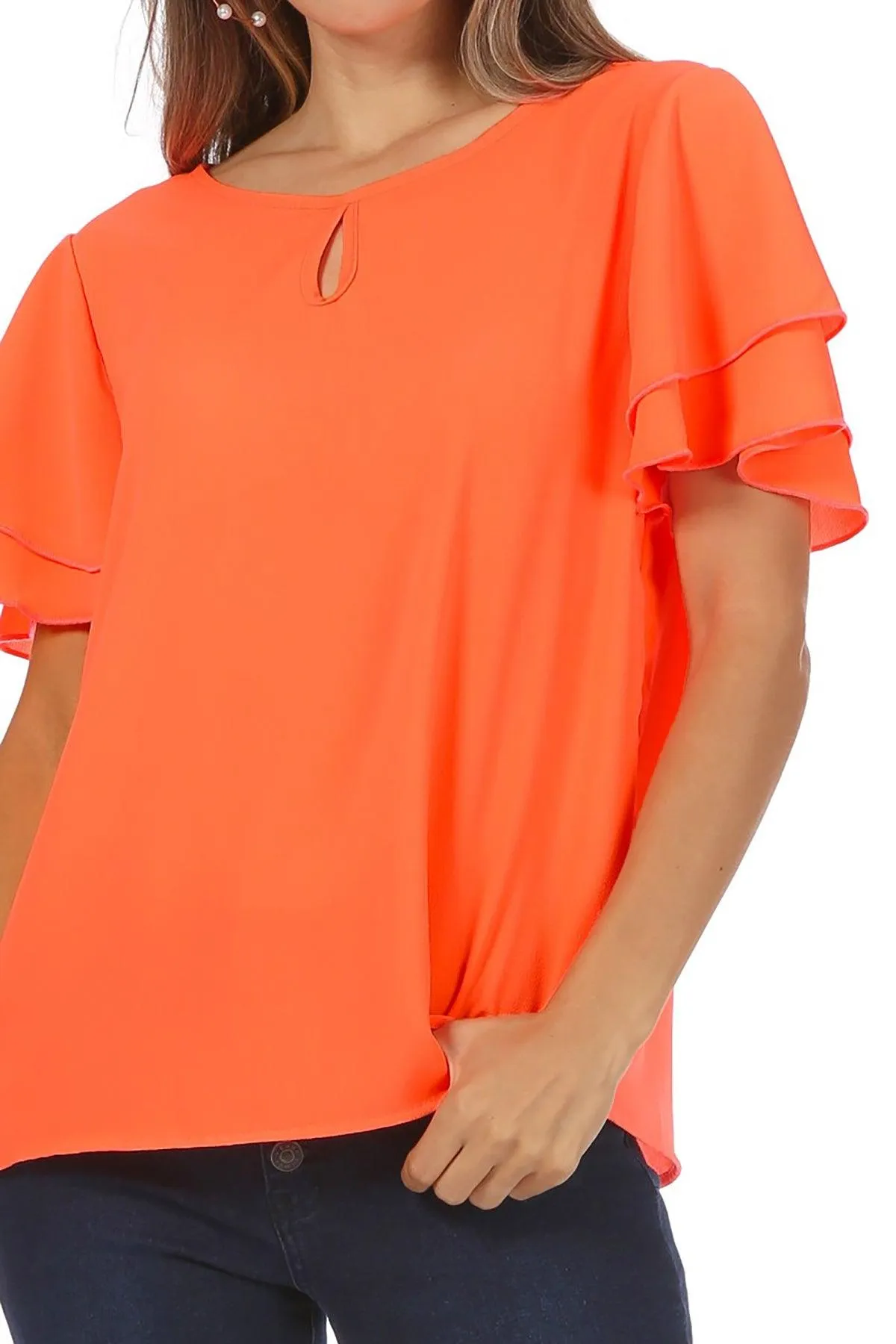 Women's Casual Solid Flowy Short Sleeve Round Neck Key Hole Tee Blouse Top